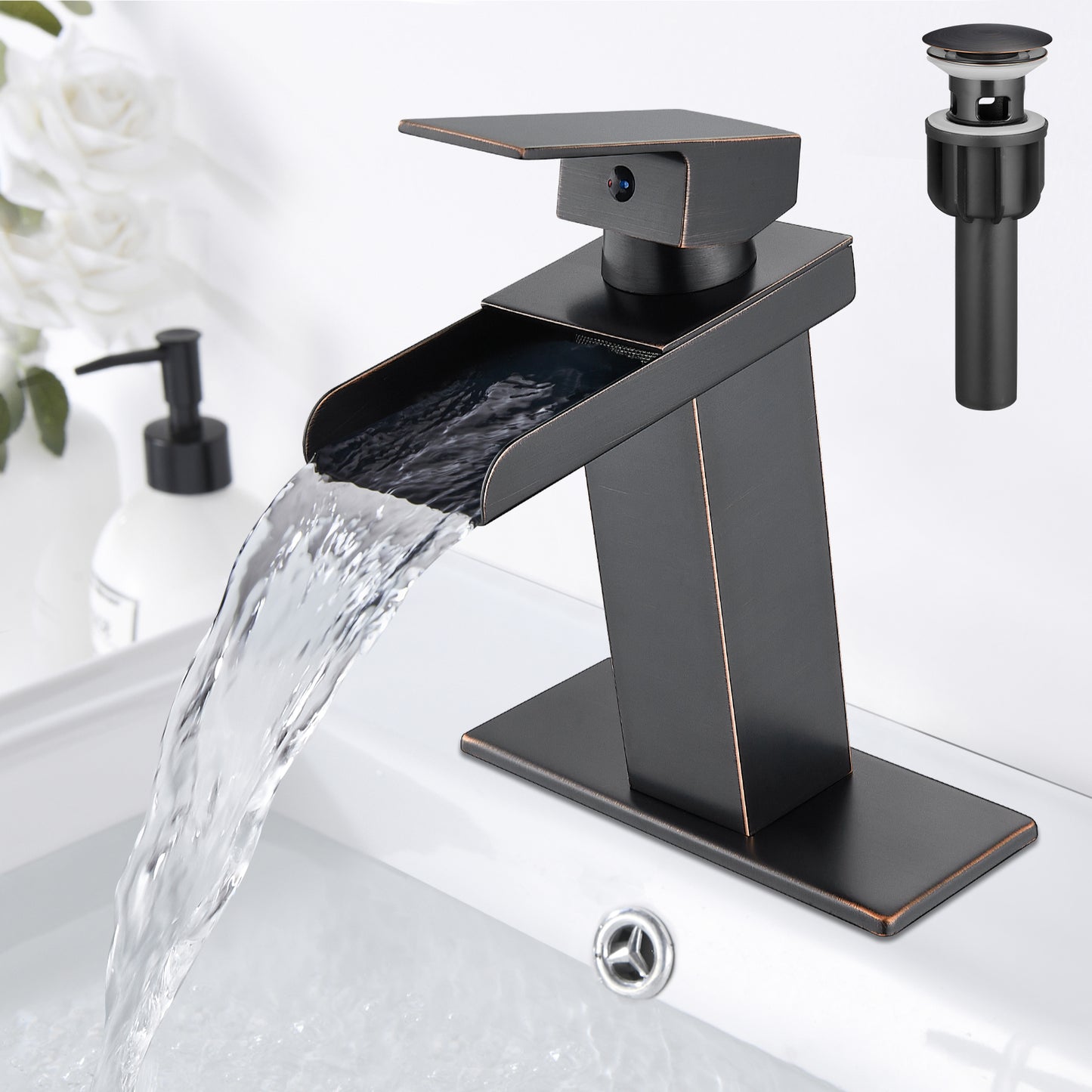 
                  
                    Midanya Waterfall Bathroom Faucet 1 Hole Single Handle Sink Vanity Faucet Wide Mouth Spout with with Pop Up Drain and Deck Mount Plate Lavatory Modern Commercial Mixer Tap
                  
                