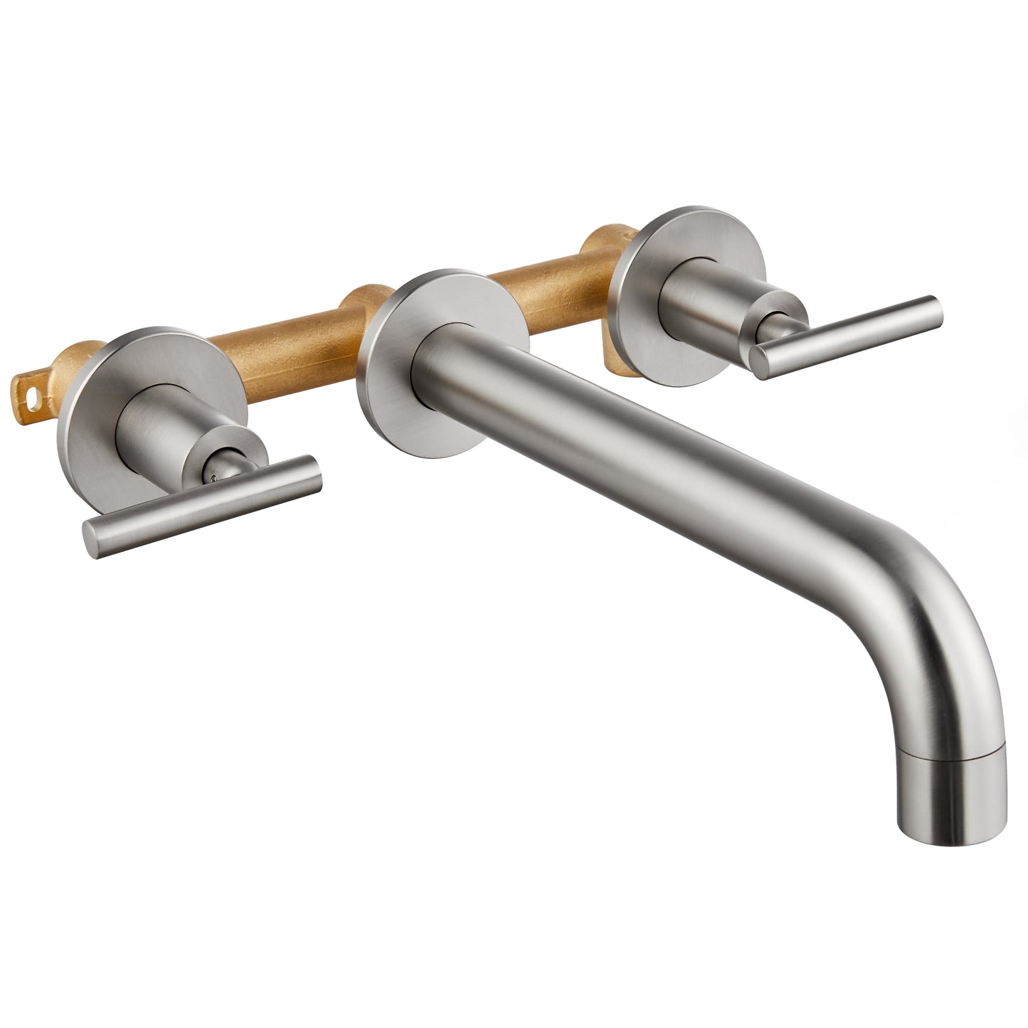 Midanya Brushed Nickel Bathtub Facuet Wall Mount Tub Filler Two Level Handles Long Spout Reach Solid Brass High Flow 3 Hole Bathroom Tub Faucet with Rough in Valve included Roman Tub Faucet