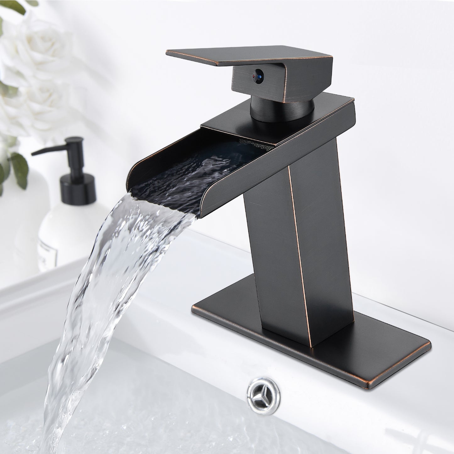 
                  
                    Midanya Waterfall Bathroom Faucet 1 Hole Single Handle Sink Vanity 4 inch Faucet Wide Mouth Spout with Deck Mount Plate & Water Supply Lines Hose Lavatory Modern Commercial Mixer Tap
                  
                