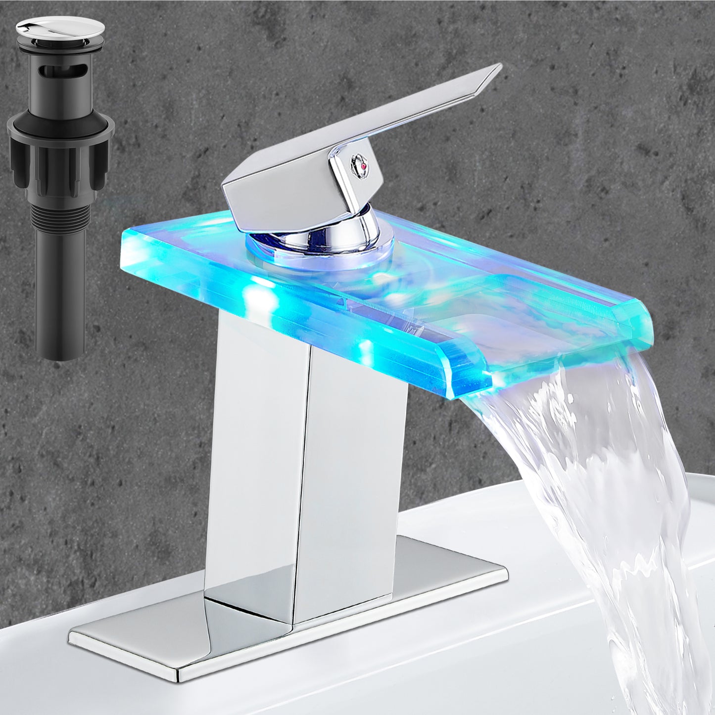 
                  
                    Midanya LED Bathroom Sink Faucet,Waterfall Open Glass Spout Bathroom Faucet,Single Handle 3 Colors Changing RV Vanity Faucets for Sink 1 Hole with Pop Up Drain and Water Supply Hoses
                  
                