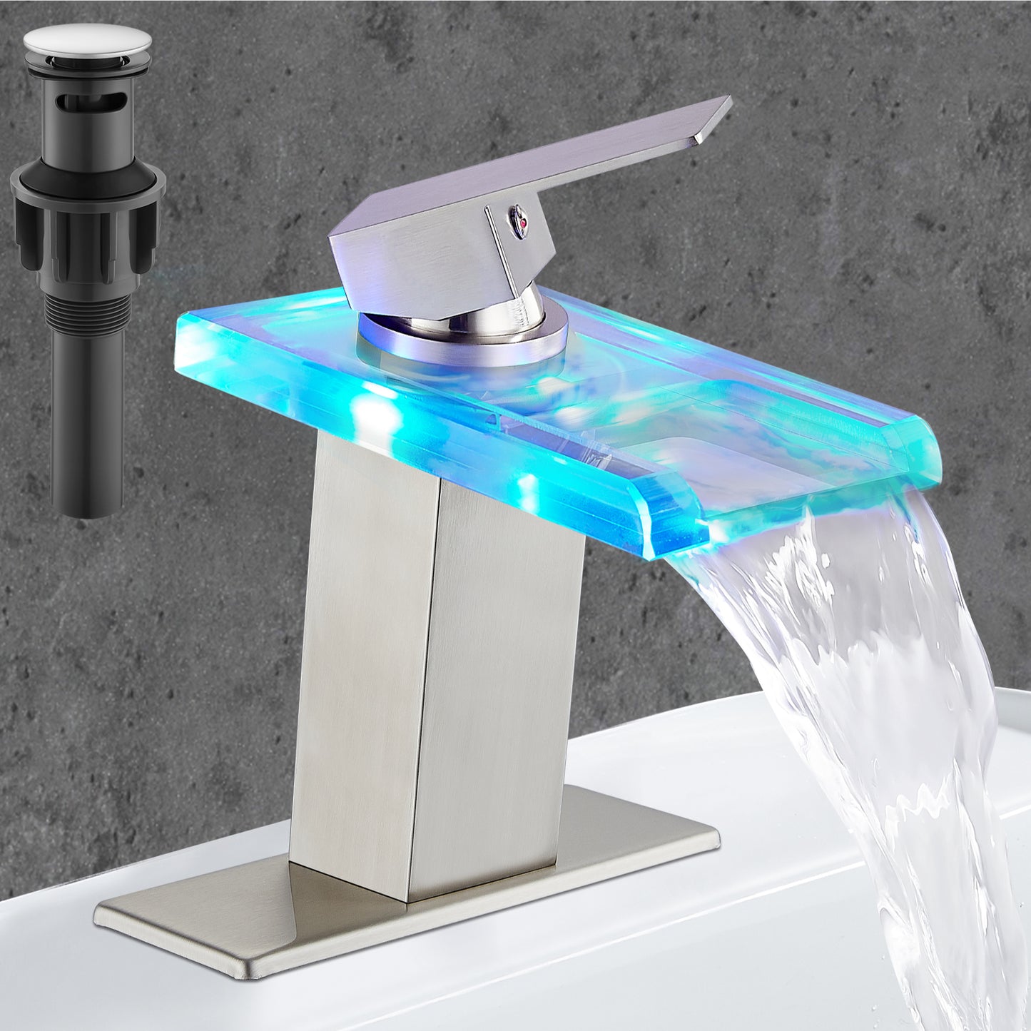 
                  
                    Midanya LED Bathroom Sink Faucet,Waterfall Open Glass Spout Bathroom Faucet,Single Handle 3 Colors Changing RV Vanity Faucets for Sink 1 Hole with Pop Up Drain and Water Supply Hoses
                  
                