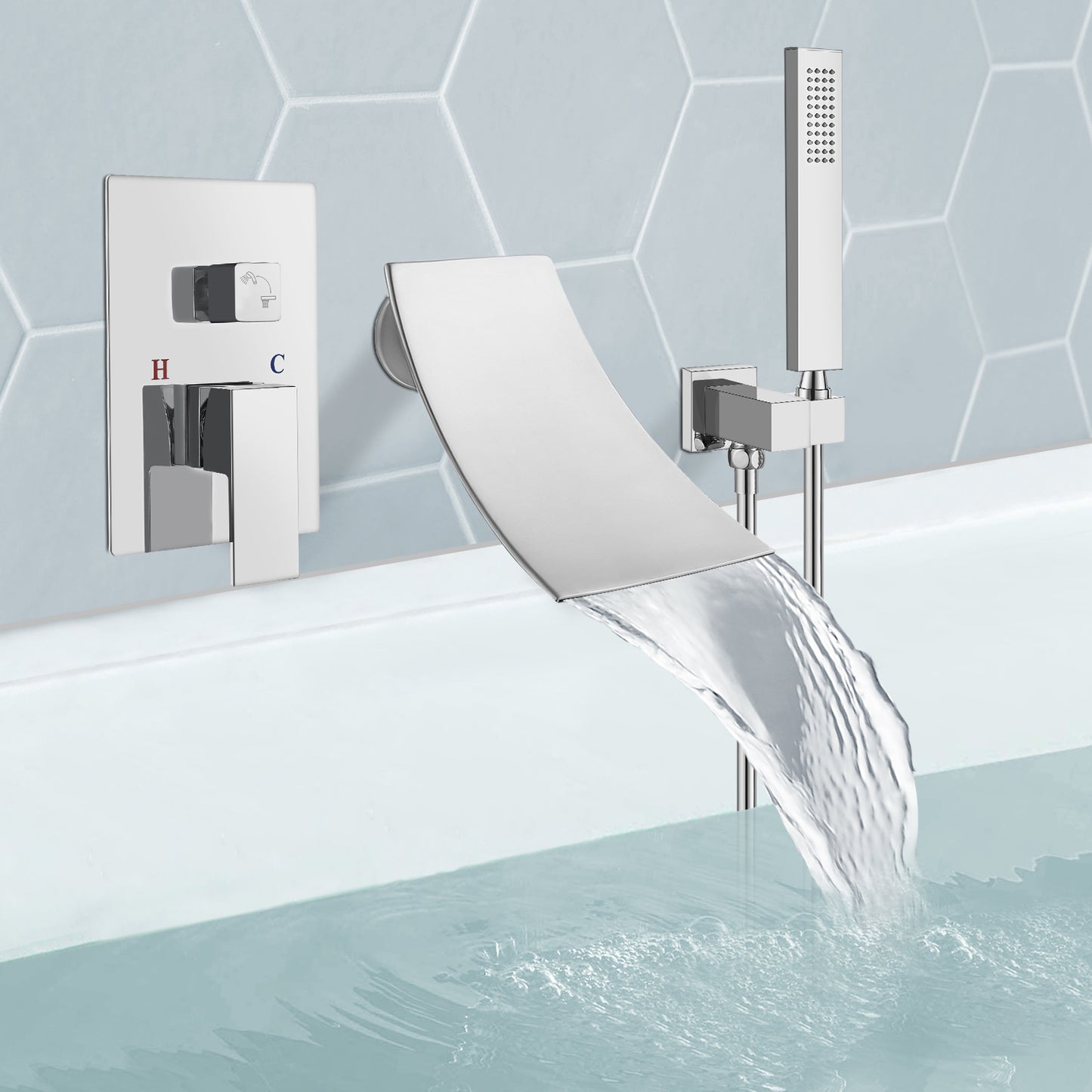 
                  
                    Midanya Wall Mount Bathtub Faucet with Handheld Spray Waterfall Tub Filler High Flow Rate Single Handle Bathroom Tub Mixer Tap Hand-Shower System with Curved Spout Commercial
                  
                