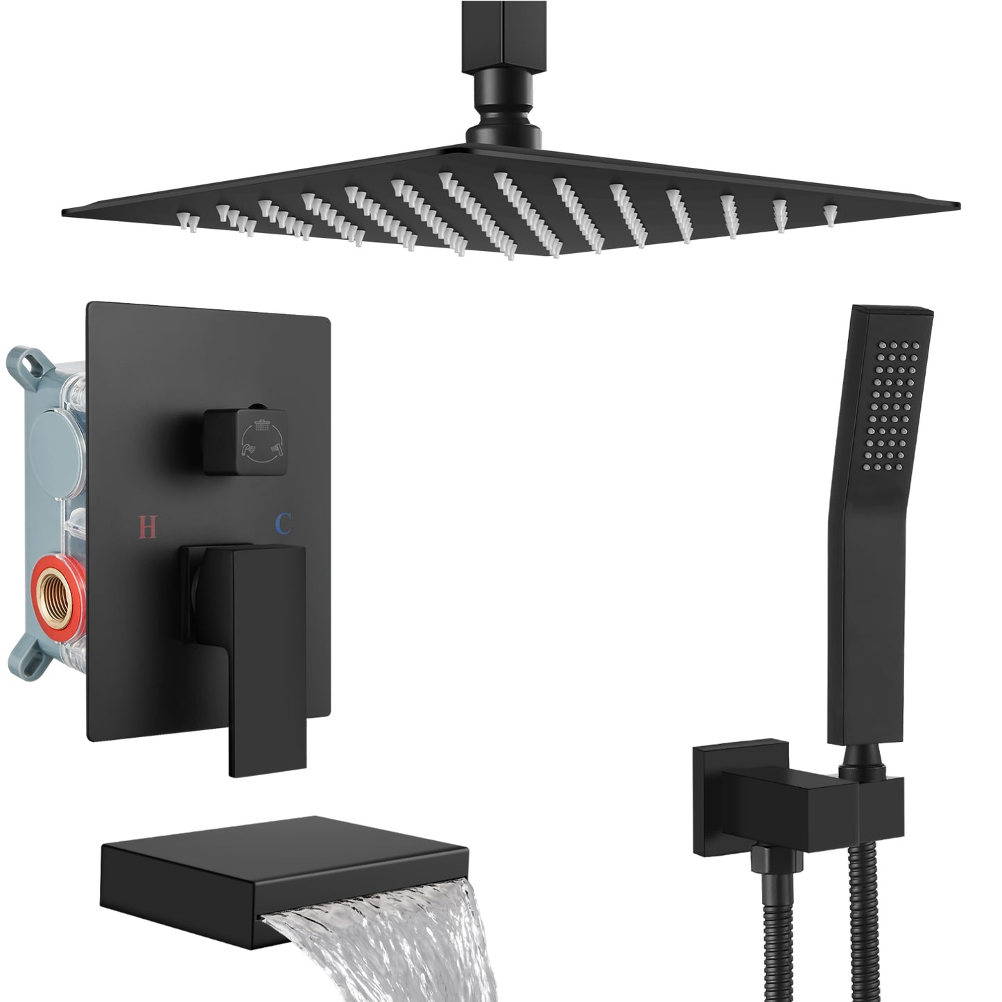 Midanya Oil-Rubbed Bronze Shower Faucet Set Shower System 10 inch Square Rainfall Shower Head Ceiling Mounted with Handheld Spray and Waterfall Tub Spout Included Rough-in Valve Mixer Combo and Trim