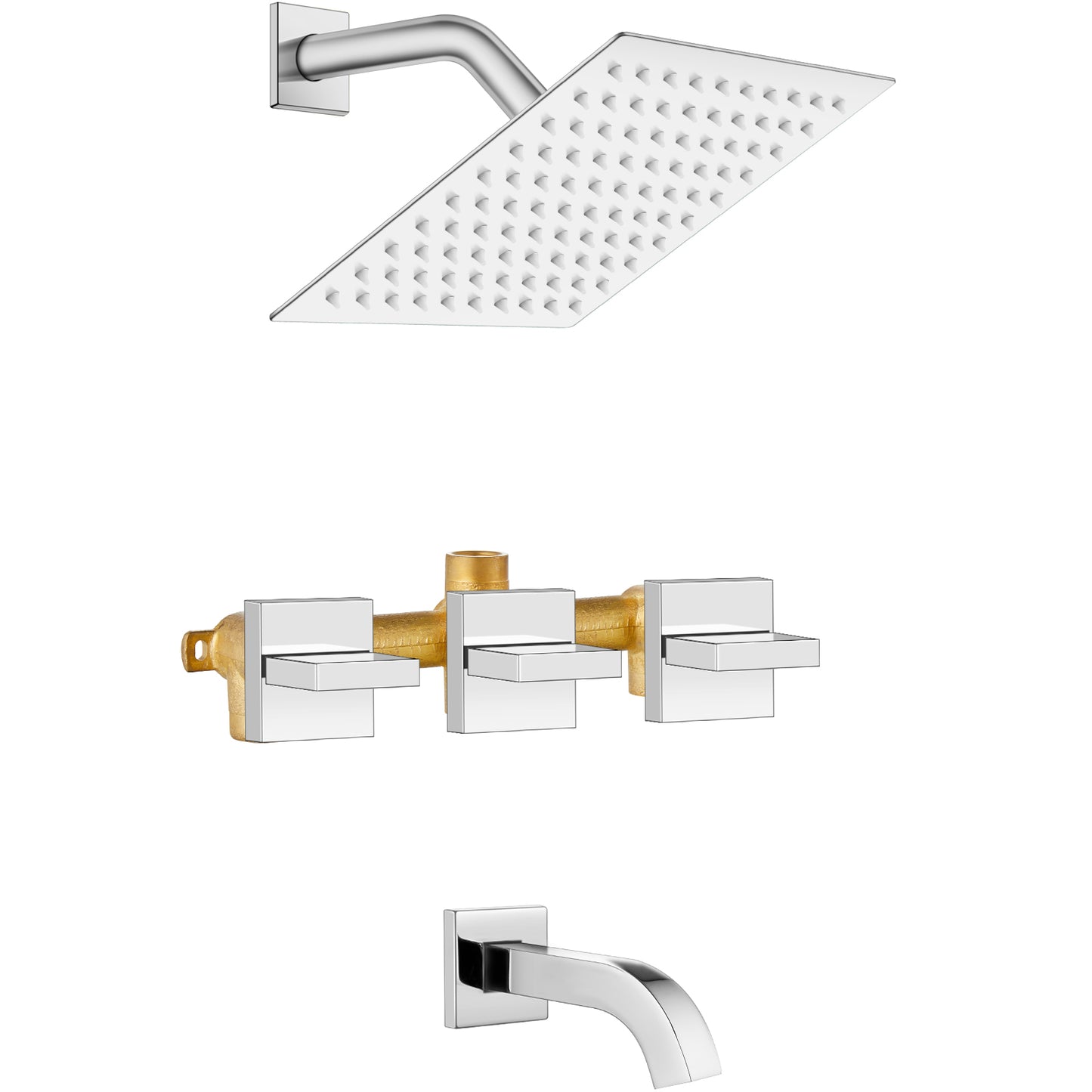 Midanya 3 Handle Tub Shower Faucet with Tub Spout, 8-inch Rainfall Shower Head Combo and Rough-in Valve Wall Mount Bathroom Trim Kit Rainfall Shower System Bathtub Rain Shower Faucet Set
