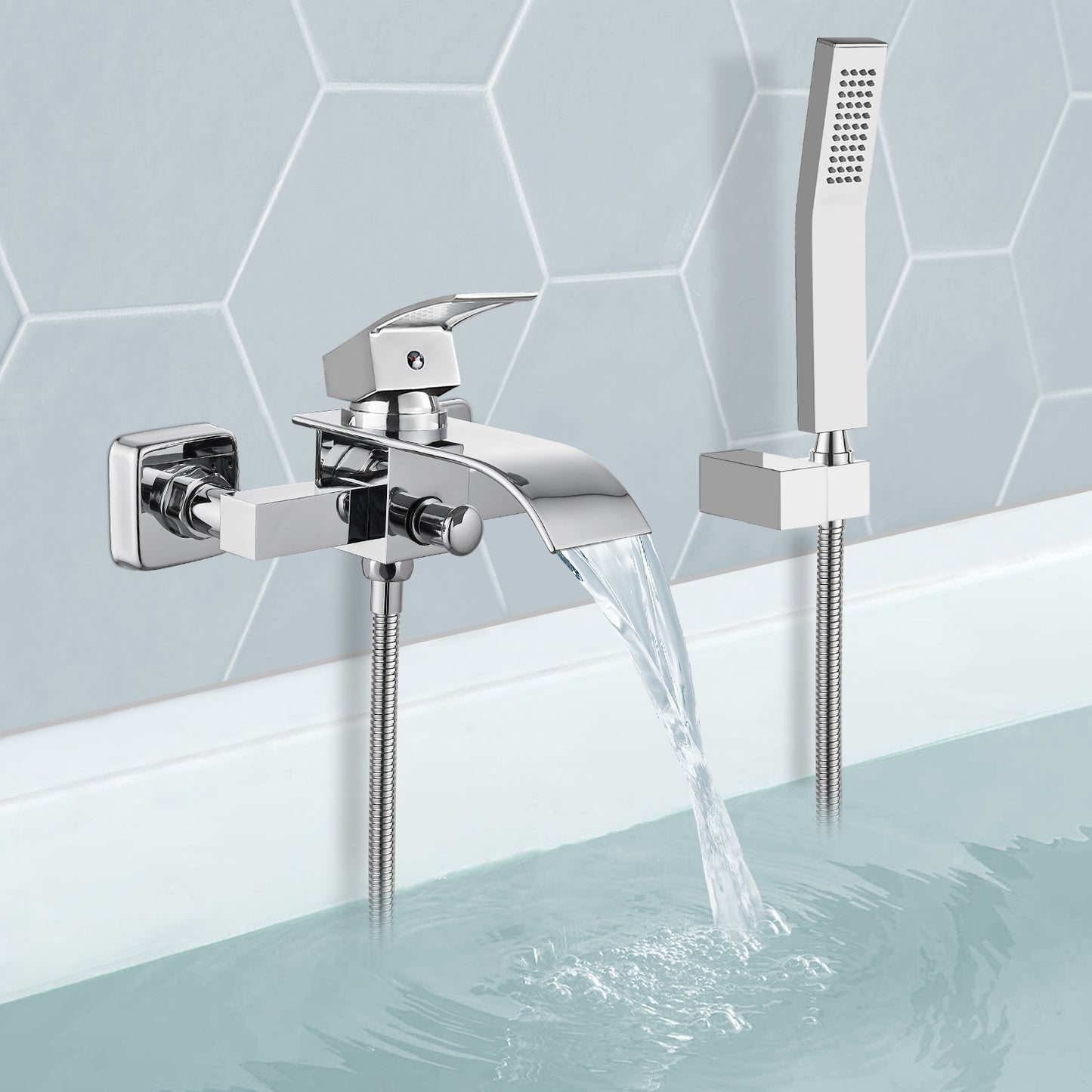
                  
                    Wall Mount Bathtub Faucet with Handheld Spray Waterfall Tub Filler Single Handle Bathroom Tub Mixer Tap Hand-Shower System with Curved Spout Commercial
                  
                