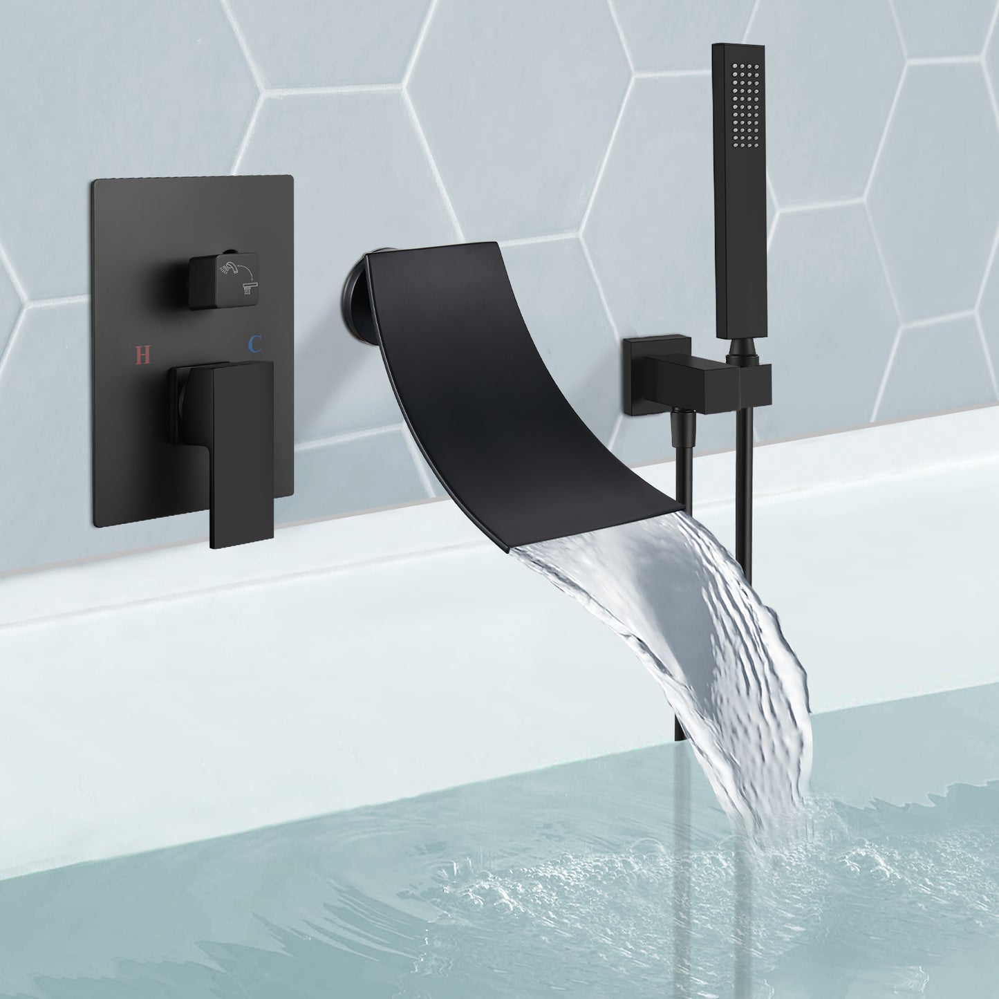 
                  
                    Midanya Wall Mount Bathtub Faucet with Handheld Spray Waterfall Tub Filler High Flow Rate Single Handle Bathroom Tub Mixer Tap Hand-Shower System with Curved Spout Commercial
                  
                