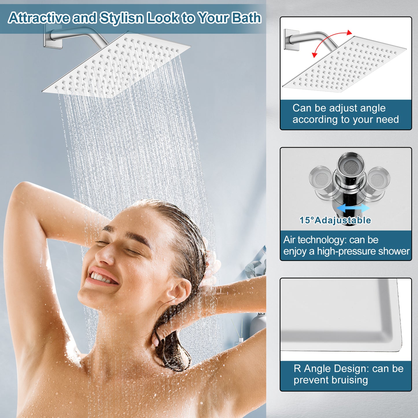 Midanya 3 Handle Tub Shower Faucet with Tub Spout, 8-inch Rainfall Shower Head Combo and Rough-in Valve Wall Mount Bathroom Trim Kit Rainfall Shower System Bathtub Rain Shower Faucet Set