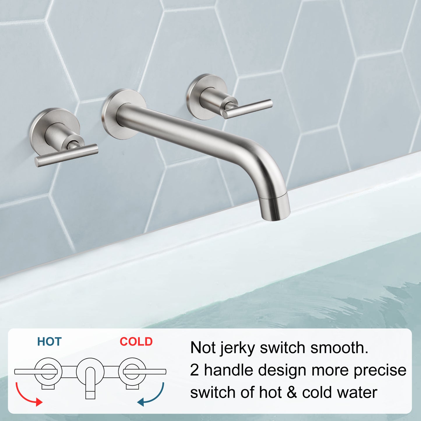 Midanya Brushed Nickel Bathtub Facuet Wall Mount Tub Filler Two Level Handles Long Spout Reach Solid Brass High Flow 3 Hole Bathroom Tub Faucet with Rough in Valve included Roman Tub Faucet