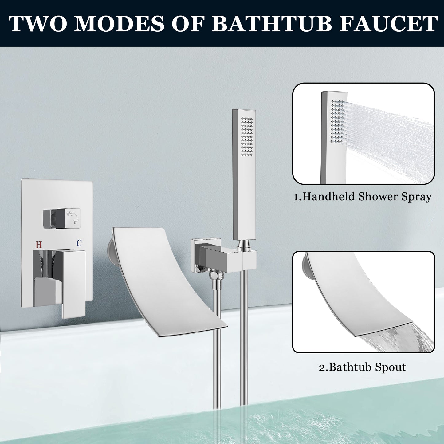 
                  
                    Midanya Wall Mount Bathtub Faucet with Handheld Spray Waterfall Tub Filler High Flow Rate Single Handle Bathroom Tub Mixer Tap Hand-Shower System with Curved Spout Commercial
                  
                