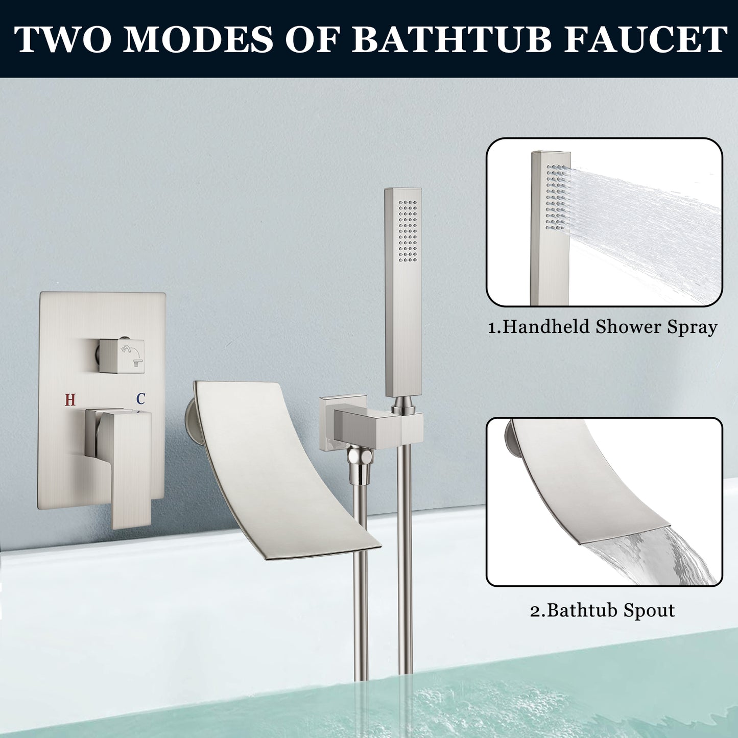 
                  
                    Midanya Wall Mount Bathtub Faucet with Handheld Spray Waterfall Tub Filler High Flow Rate Single Handle Bathroom Tub Mixer Tap Hand-Shower System with Curved Spout Commercial
                  
                