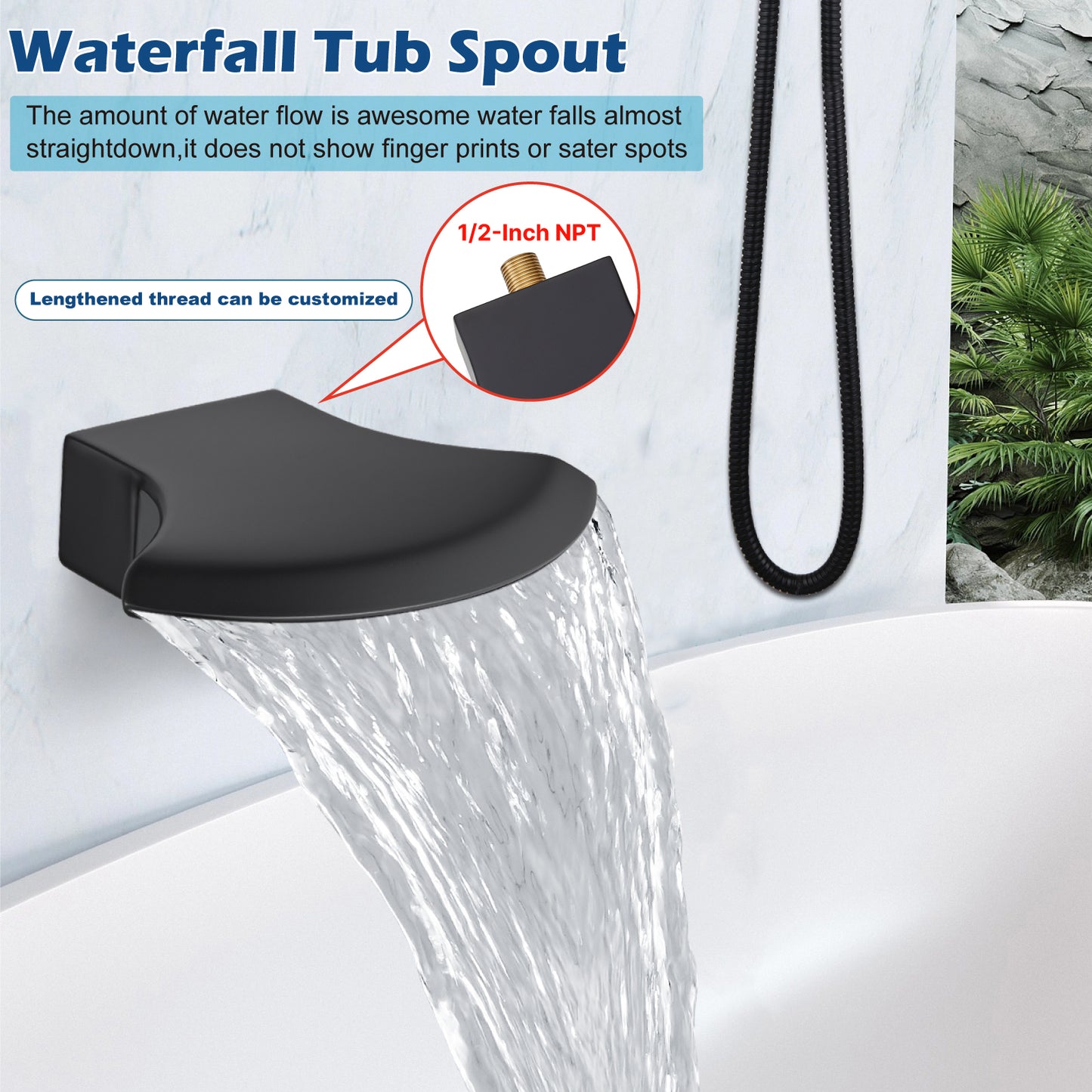 Midanya Rain Shower System Tub Shower Faucet Set Square Rainfall Head with Handheld Sprayer and Waterfall Tub Spout Combo,Wall Mount 10 Inch, Matte Black