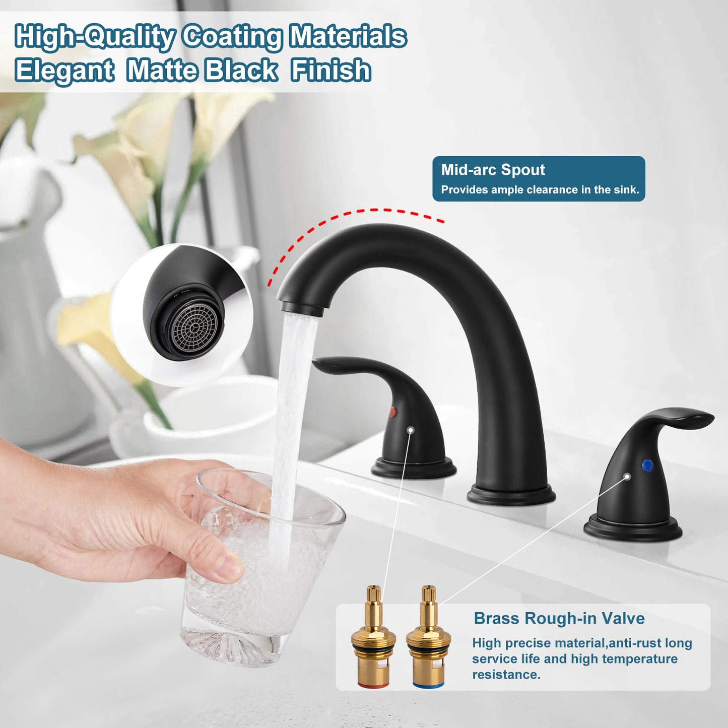 Midanya Bathroom Sink Faucet Widespread 2 Handle 3 Hole Bathroom Faucet Double Handle Faucet with Pop Up Drain and Water Supply Lines Low Arc Mixing Tap