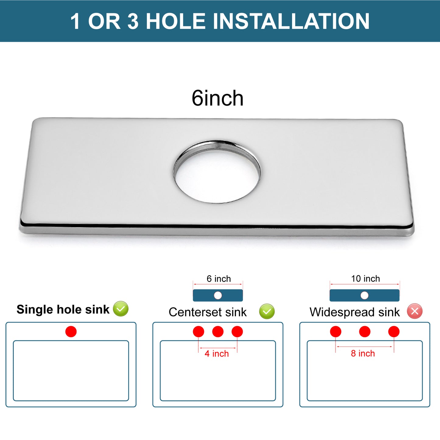 
                  
                    Midanya 6 Inch Sink Hole Cover Deck Plate,Faucet Deck Plate for 1 or 3 Hole Bathroom Kitchen Sink Faucet,Rectangle Decorative Cover SUS304 Stainless Steel Vessel Vanity Sink Faucet
                  
                