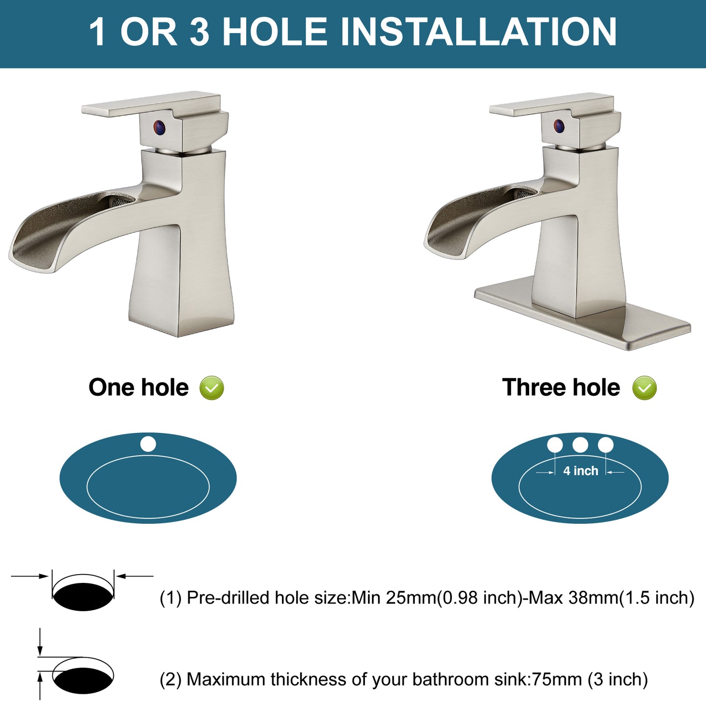 
                  
                    Midanya Single Handle Bathroom Sink Faucet, Waterfall Bathroom Faucet for 1 Hole or 3 Holes, Lavatory RV Vanity Faucet with Deck Mount Pop-Up Drain and Water Supply Lines
                  
                