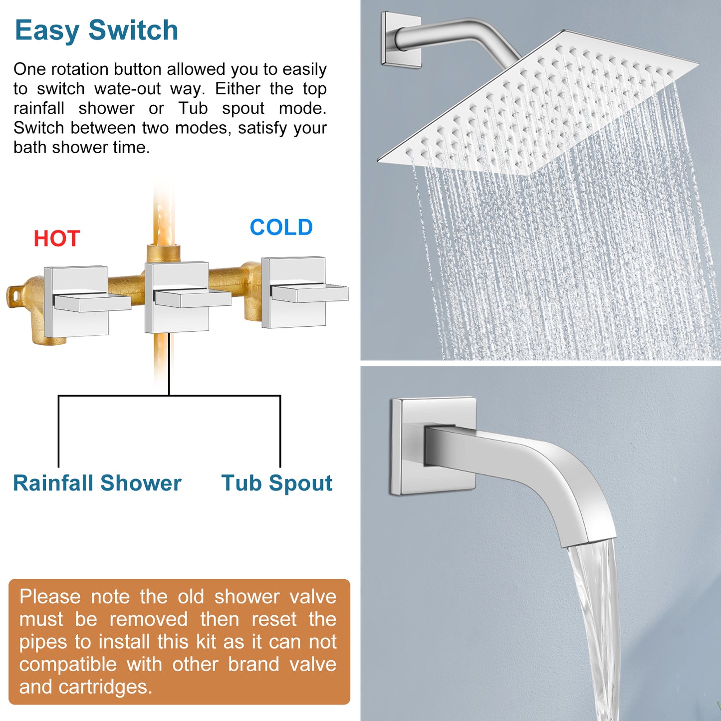 
                  
                    Midanya 3 Handle Tub Shower Faucet with Tub Spout, 8-inch Rainfall Shower Head Combo and Rough-in Valve Wall Mount Bathroom Trim Kit Rainfall Shower System Bathtub Rain Shower Faucet Set
                  
                