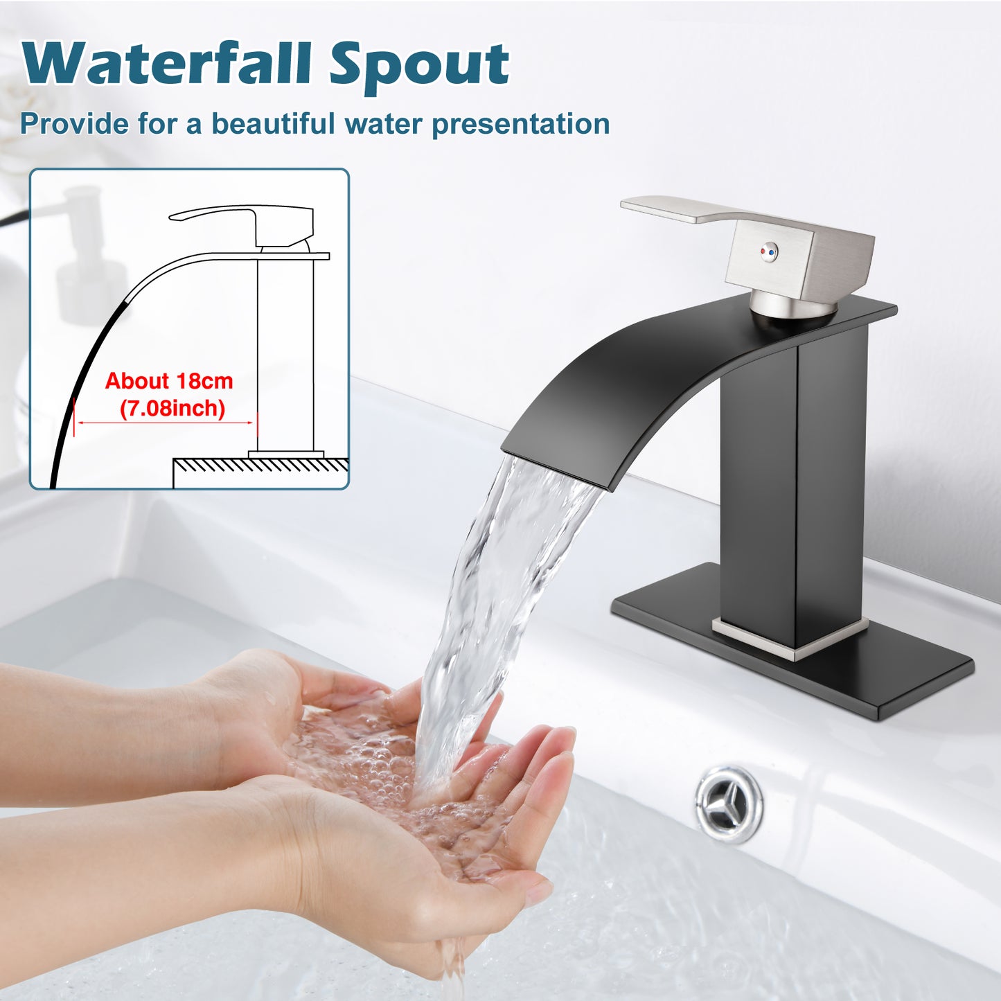 
                  
                    Midanya Brushed Nickel Handle Matte Black Wide Spout Bathroom Sink Faucet,Single Handle Waterfall Bathroom Faucet,Single Hole Deck Mount Vanity Faucet,Hot and Cold Mixer Tap with Water Supply Lines
                  
                
