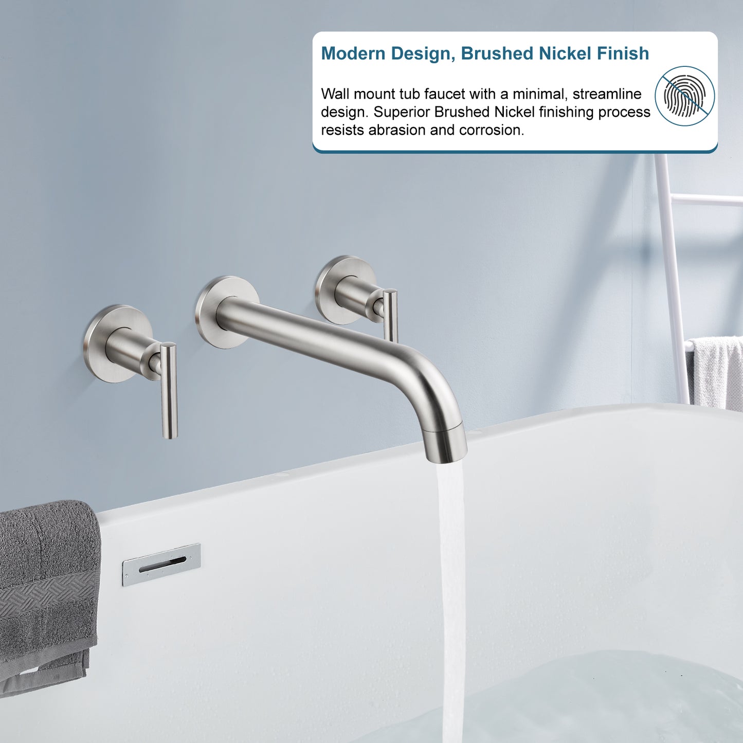 
                  
                    Midanya Brushed Nickel Bathtub Facuet Wall Mount Tub Filler Two Level Handles Long Spout Reach Solid Brass High Flow 3 Hole Bathroom Tub Faucet with Rough in Valve included Roman Tub Faucet
                  
                
