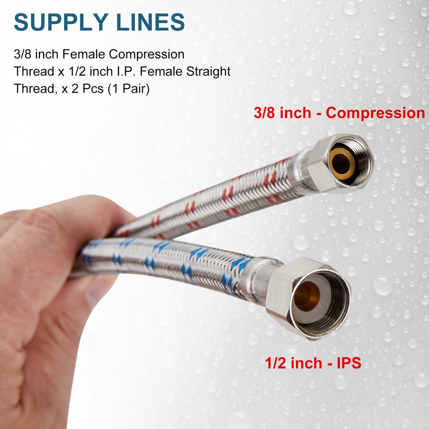 
                  
                    Midanya Faucet Hose Connector, Braided SUS304 Stainless Steel Water Supply Line, 3/8-Inch Female Compression Thread x 1/2 Inch I.P. Female Straight Thread, x 2 Pcs, (1 Pair)
                  
                