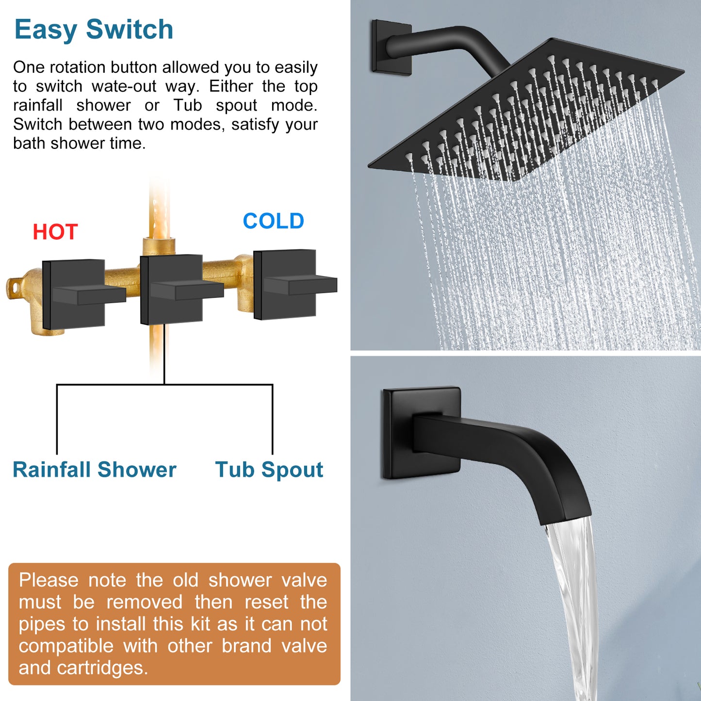
                  
                    Midanya 3 Handle Tub Shower Faucet with Tub Spout, 8-inch Rainfall Shower Head Combo and Rough-in Valve Wall Mount Bathroom Trim Kit Rainfall Shower System Bathtub Rain Shower Faucet Set
                  
                