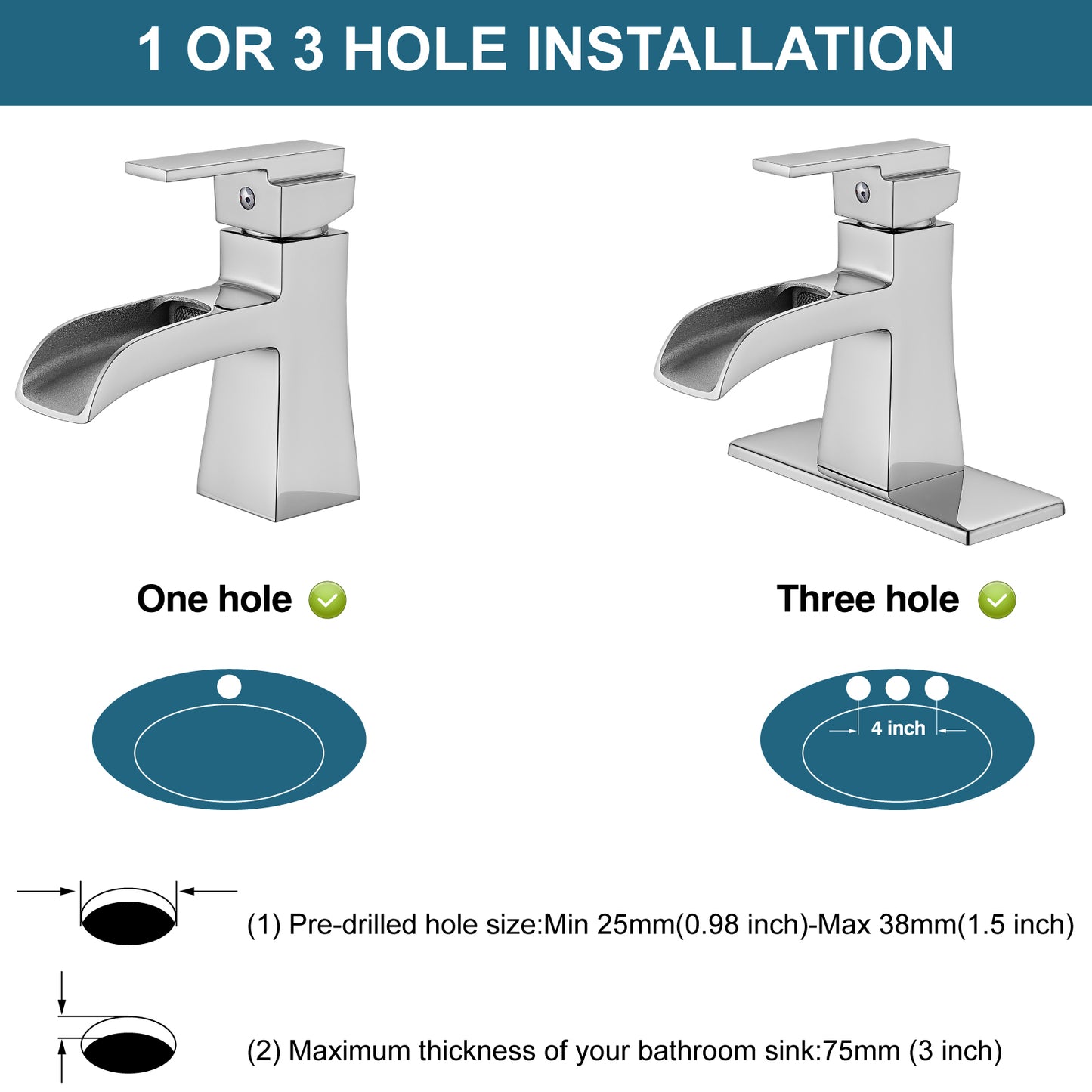 
                  
                    Midanya Single Handle Bathroom Sink Faucet, Waterfall Bathroom Faucet for 1 Hole or 3 Holes, Lavatory RV Vanity Faucet with Deck Mount Pop-Up Drain and Water Supply Lines
                  
                