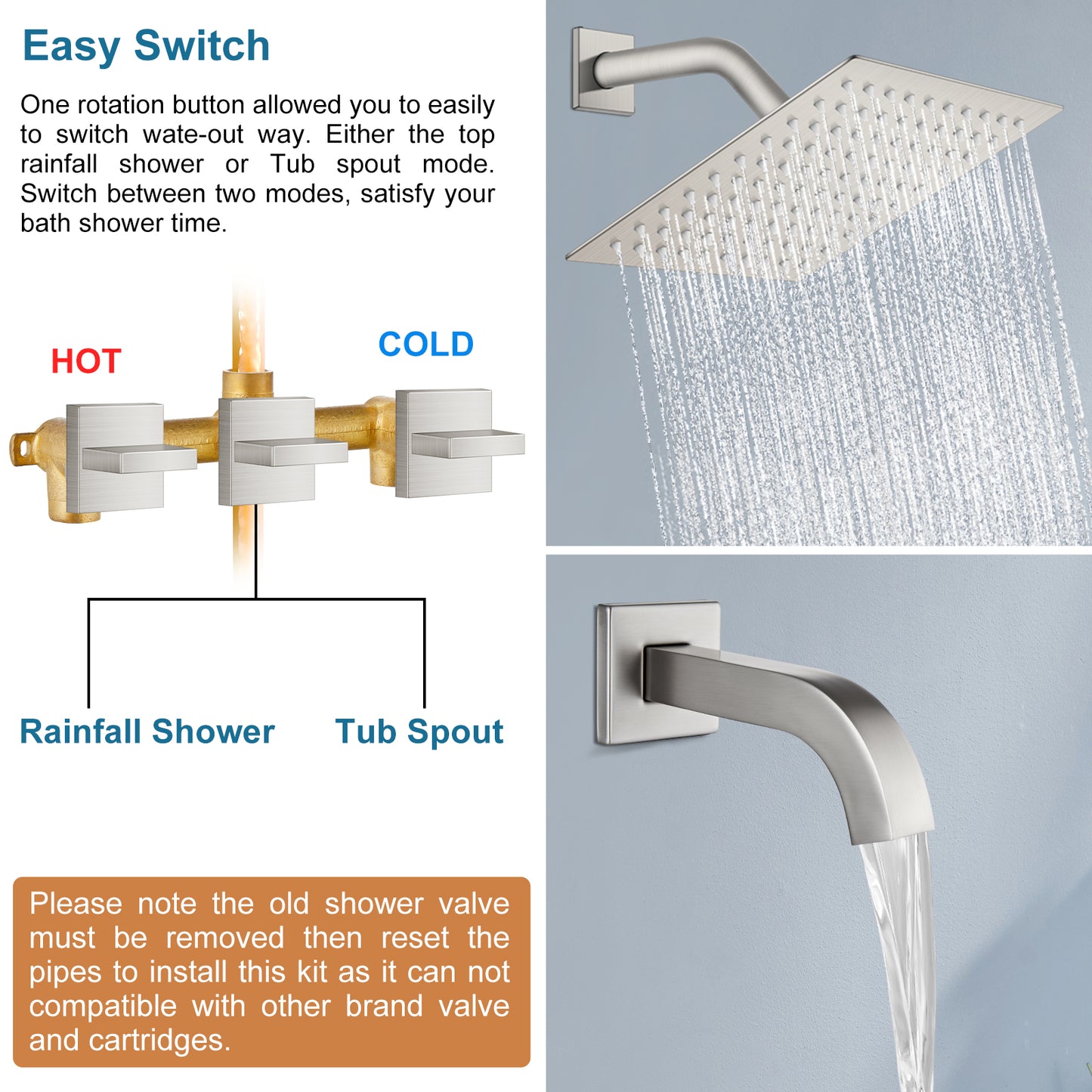 
                  
                    Midanya 3 Handle Tub Shower Faucet with Tub Spout, 8-inch Rainfall Shower Head Combo and Rough-in Valve Wall Mount Bathroom Trim Kit Rainfall Shower System Bathtub Rain Shower Faucet Set
                  
                