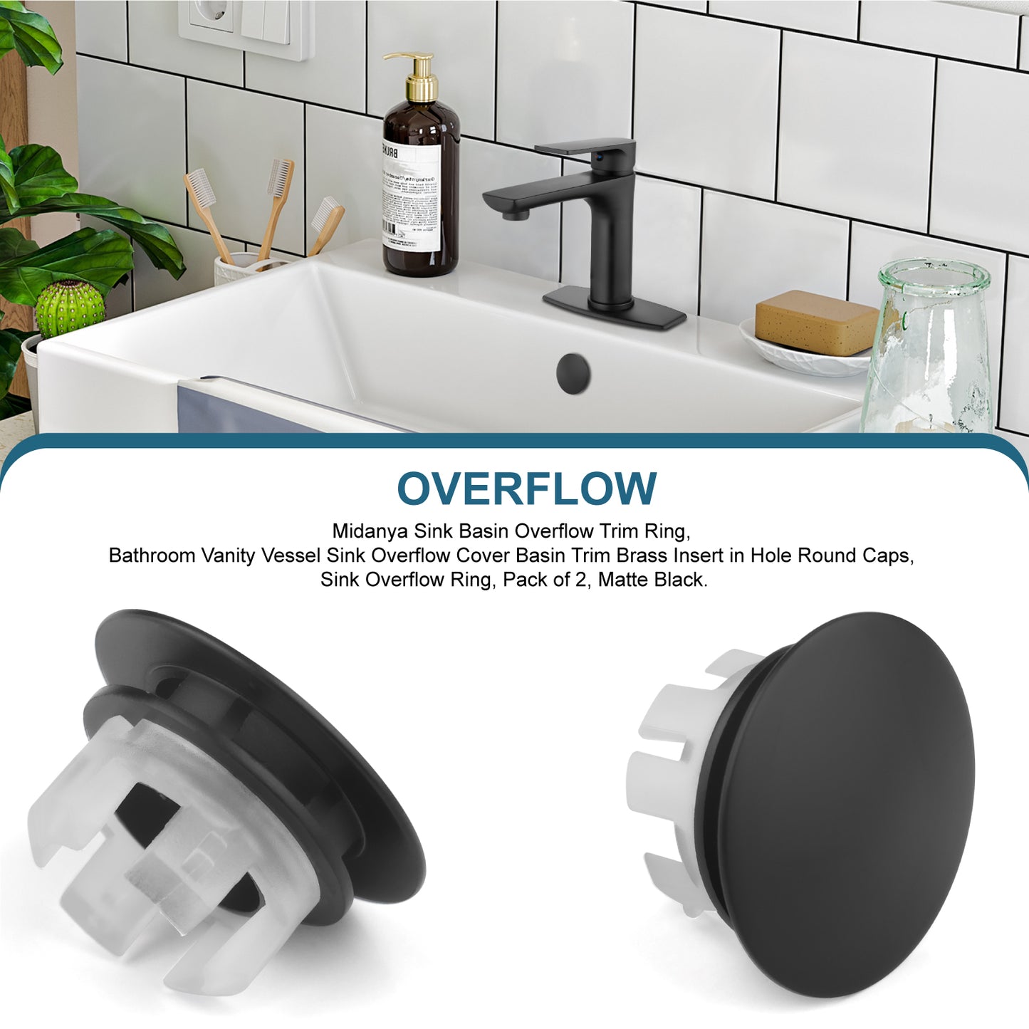
                  
                    Midanya Sink Basin Overflow Trim Ring, Bathroom Vanity Vessel Sink Overflow Cover Basin Trim Brass Insert in Hole Round Caps, Sink Overflow Ring, Pack of 2
                  
                