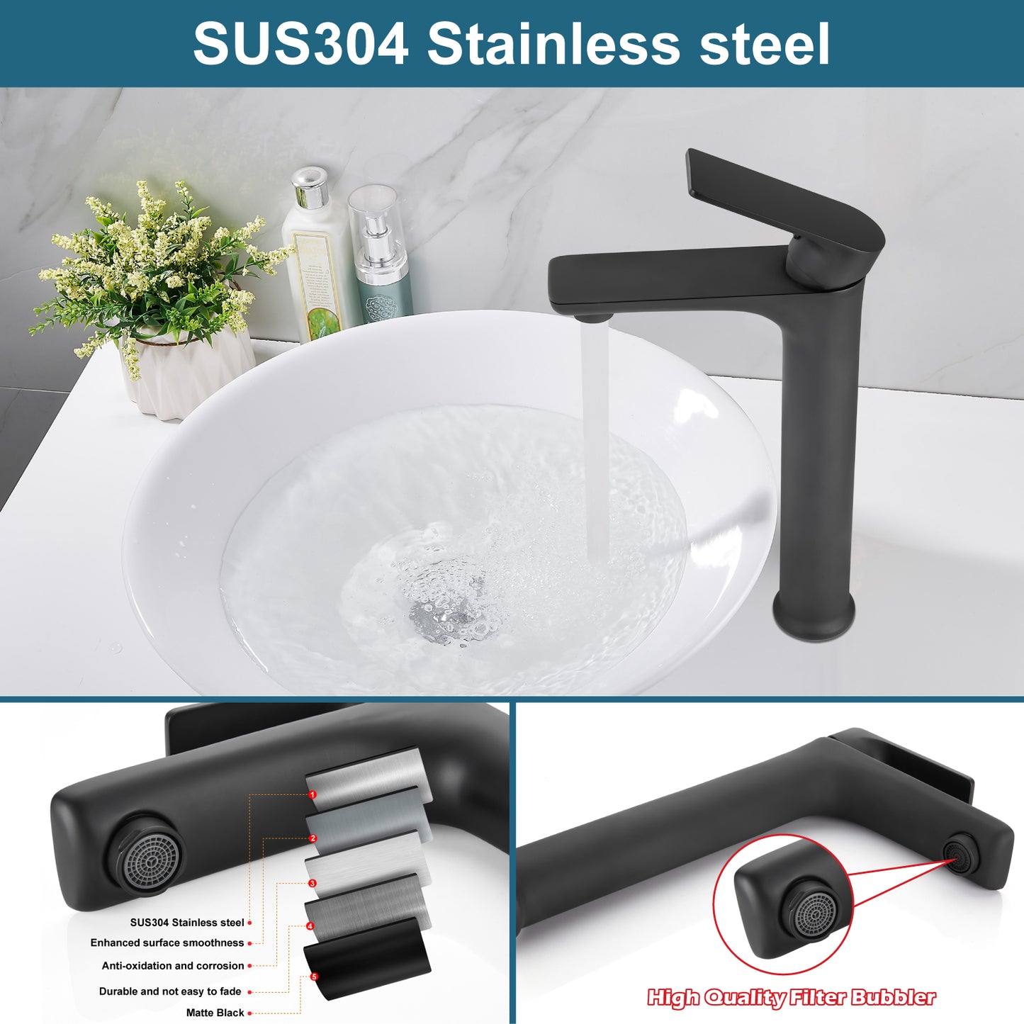 
                  
                    Midanya Bathroom Sink Faucet Matte Black Tall Vessel Sink Faucet Vanity Bathroom Faucet Basin Mixer Tap Single Handle Single Hole with Water Supply Lines Commercial Modern Wash Basin Faucet
                  
                