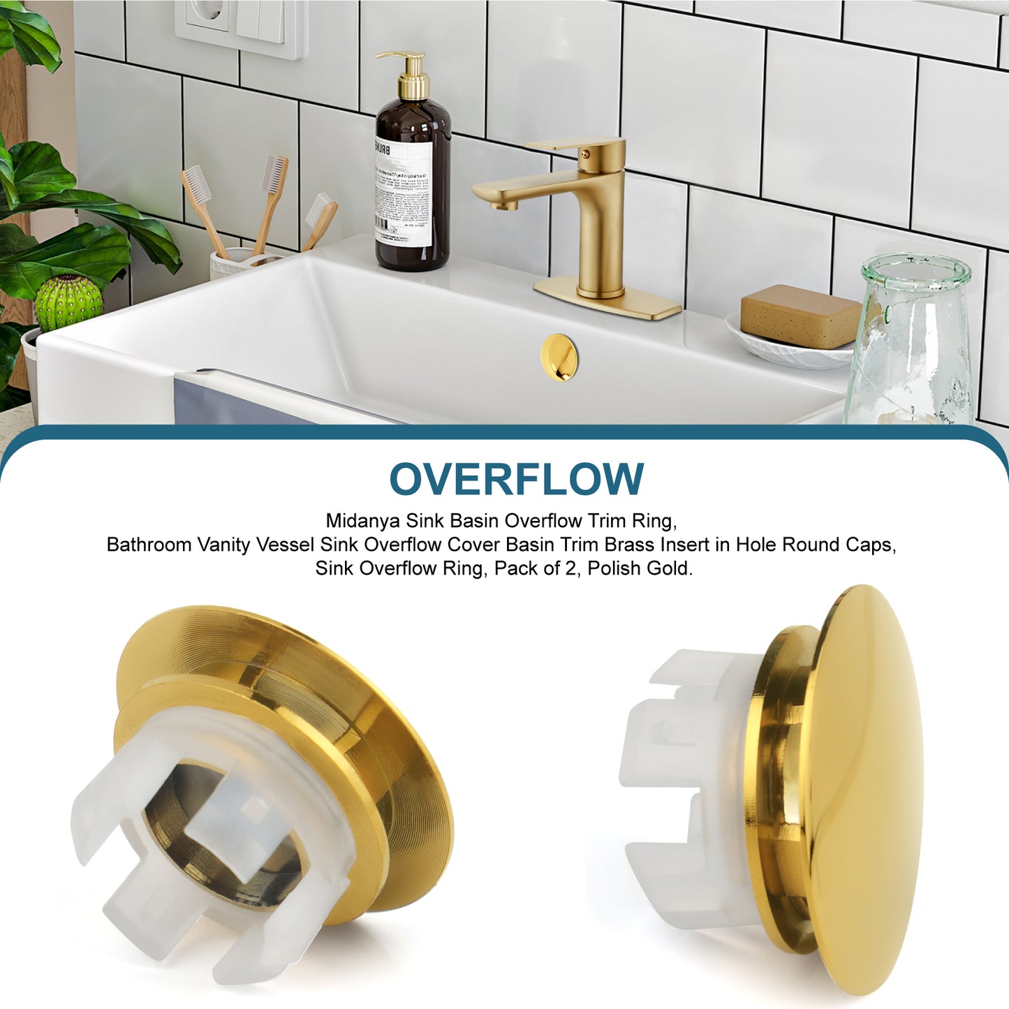 
                  
                    Midanya Sink Basin Overflow Trim Ring, Bathroom Vanity Vessel Sink Overflow Cover Basin Trim Brass Insert in Hole Round Caps, Sink Overflow Ring, Pack of 2
                  
                