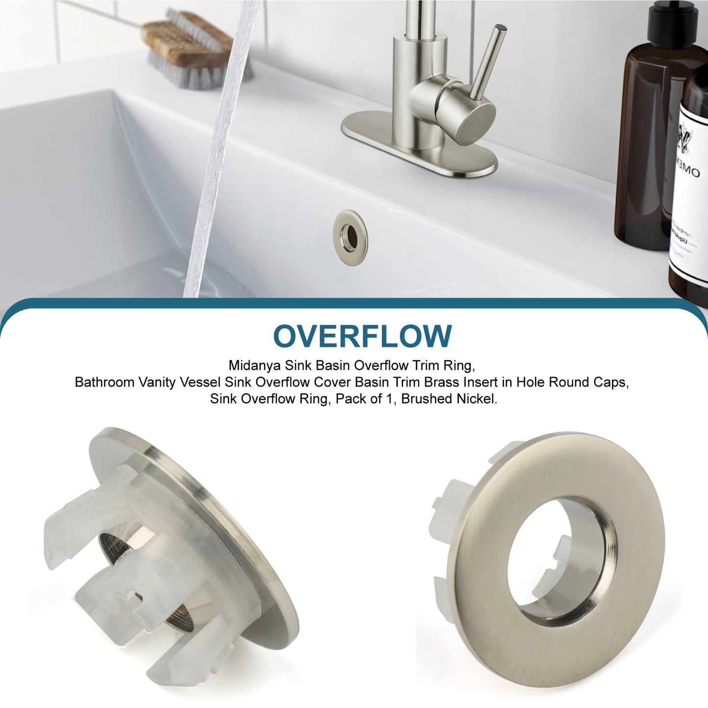 
                  
                    Midanya Sink Basin Trim Overflow Cover, Solid Brass Insert in Hole Round Caps, Vanity Vessel Sink Overflow Ring, Sink Overflow Cover Round Caps for Kitchen Bathroom, Pack of 1
                  
                
