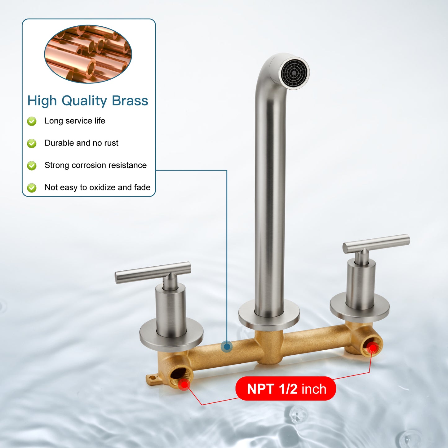 
                  
                    Midanya Brushed Nickel Bathtub Facuet Wall Mount Tub Filler Two Level Handles Long Spout Reach Solid Brass High Flow 3 Hole Bathroom Tub Faucet with Rough in Valve included Roman Tub Faucet
                  
                