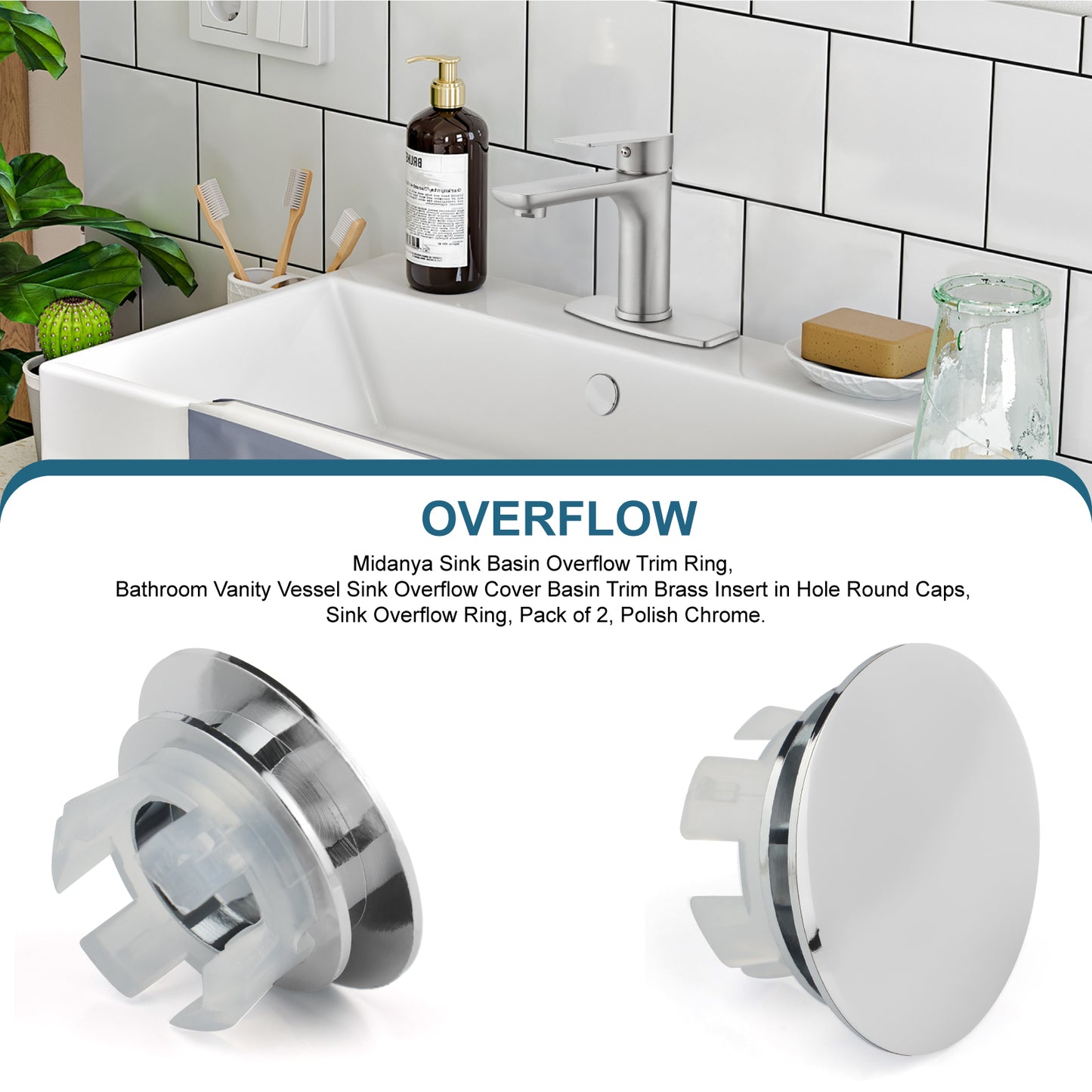 
                  
                    Midanya Sink Basin Overflow Trim Ring, Bathroom Vanity Vessel Sink Overflow Cover Basin Trim Brass Insert in Hole Round Caps, Sink Overflow Ring, Pack of 2
                  
                