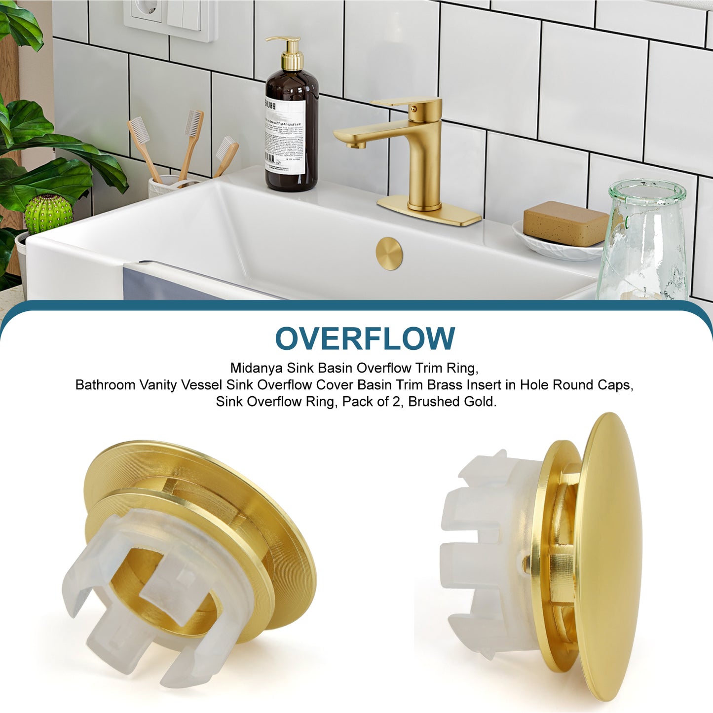 
                  
                    Midanya Sink Basin Overflow Trim Ring, Bathroom Vanity Vessel Sink Overflow Cover Basin Trim Brass Insert in Hole Round Caps, Sink Overflow Ring, Pack of 2
                  
                