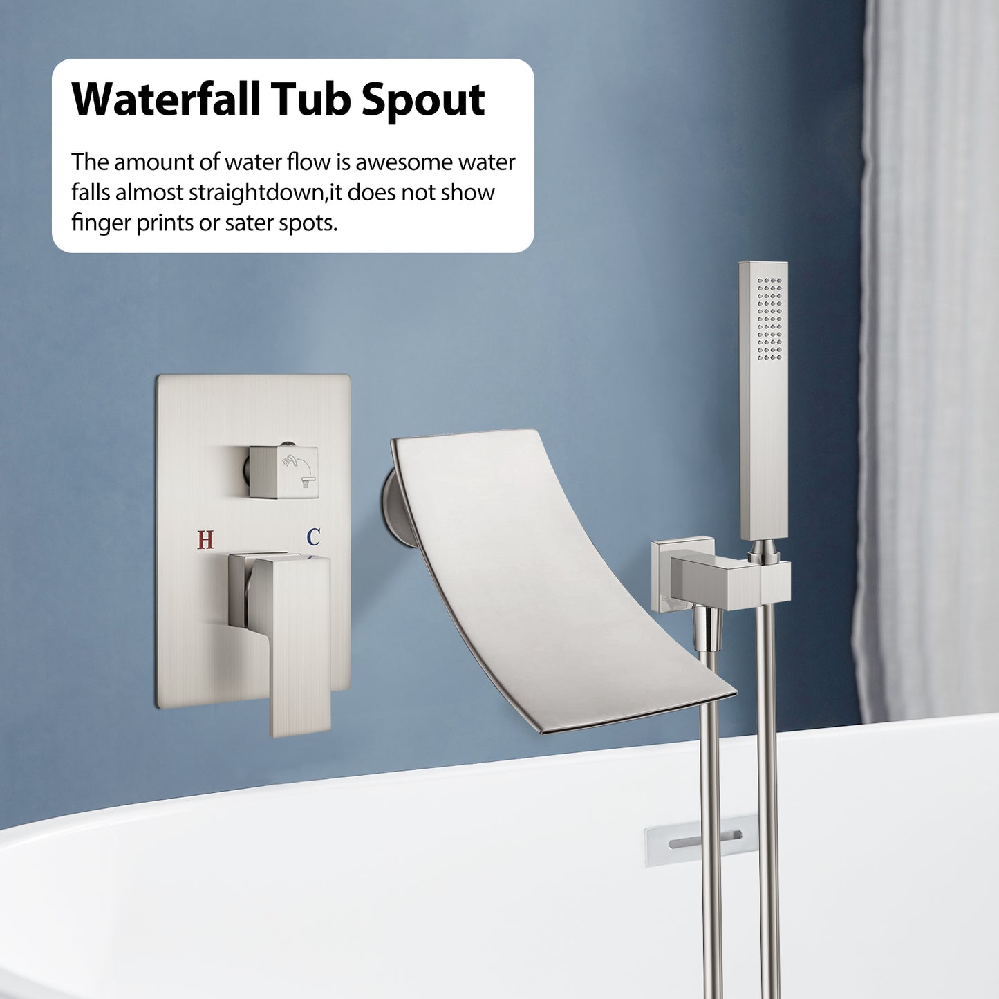 
                  
                    Midanya Wall Mount Bathtub Faucet with Handheld Spray Waterfall Tub Filler High Flow Rate Single Handle Bathroom Tub Mixer Tap Hand-Shower System with Curved Spout Commercial
                  
                