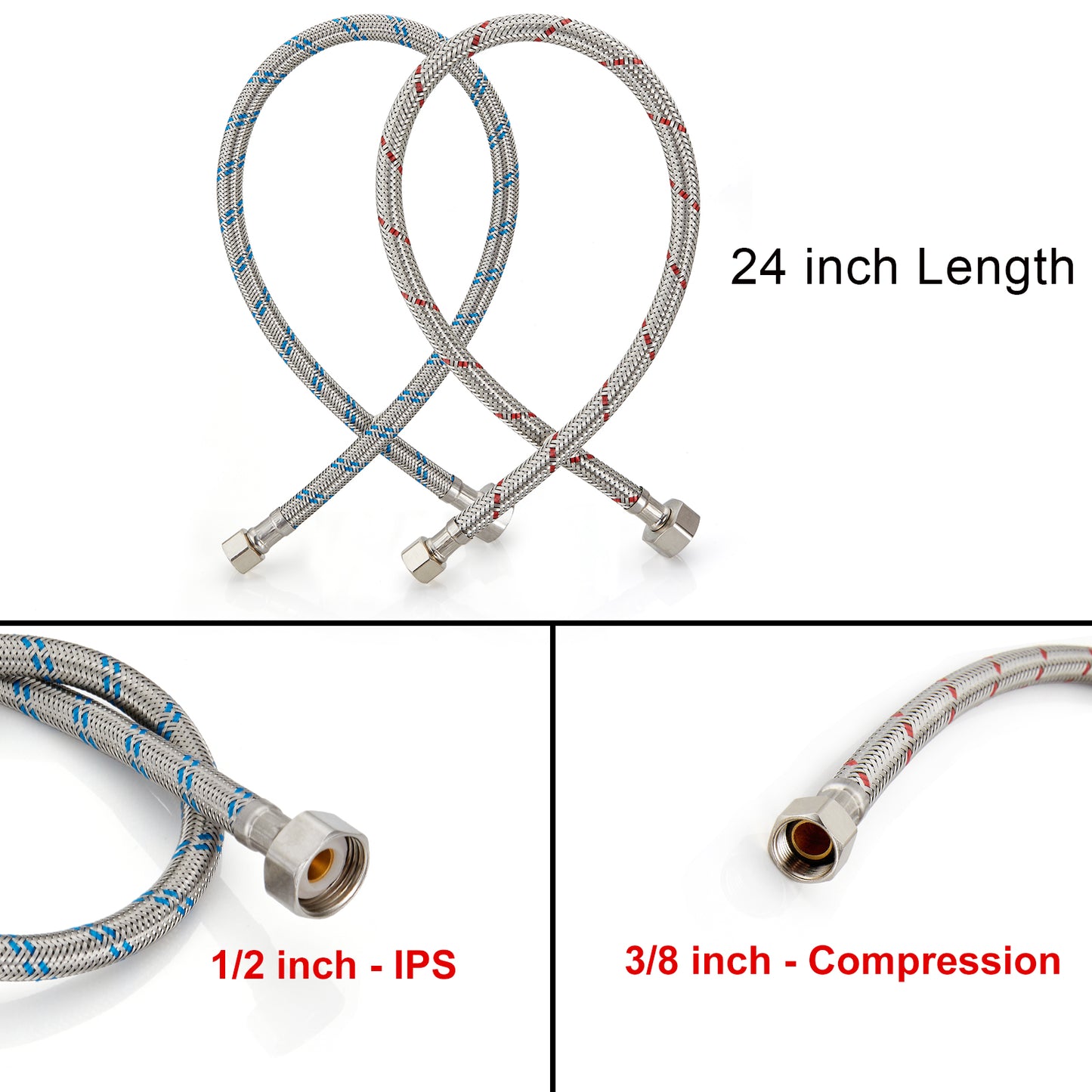 
                  
                    Midanya Faucet Hose Connector, Braided SUS304 Stainless Steel Water Supply Line, 3/8-Inch Female Compression Thread x 1/2 Inch I.P. Female Straight Thread, x 2 Pcs, (1 Pair)
                  
                