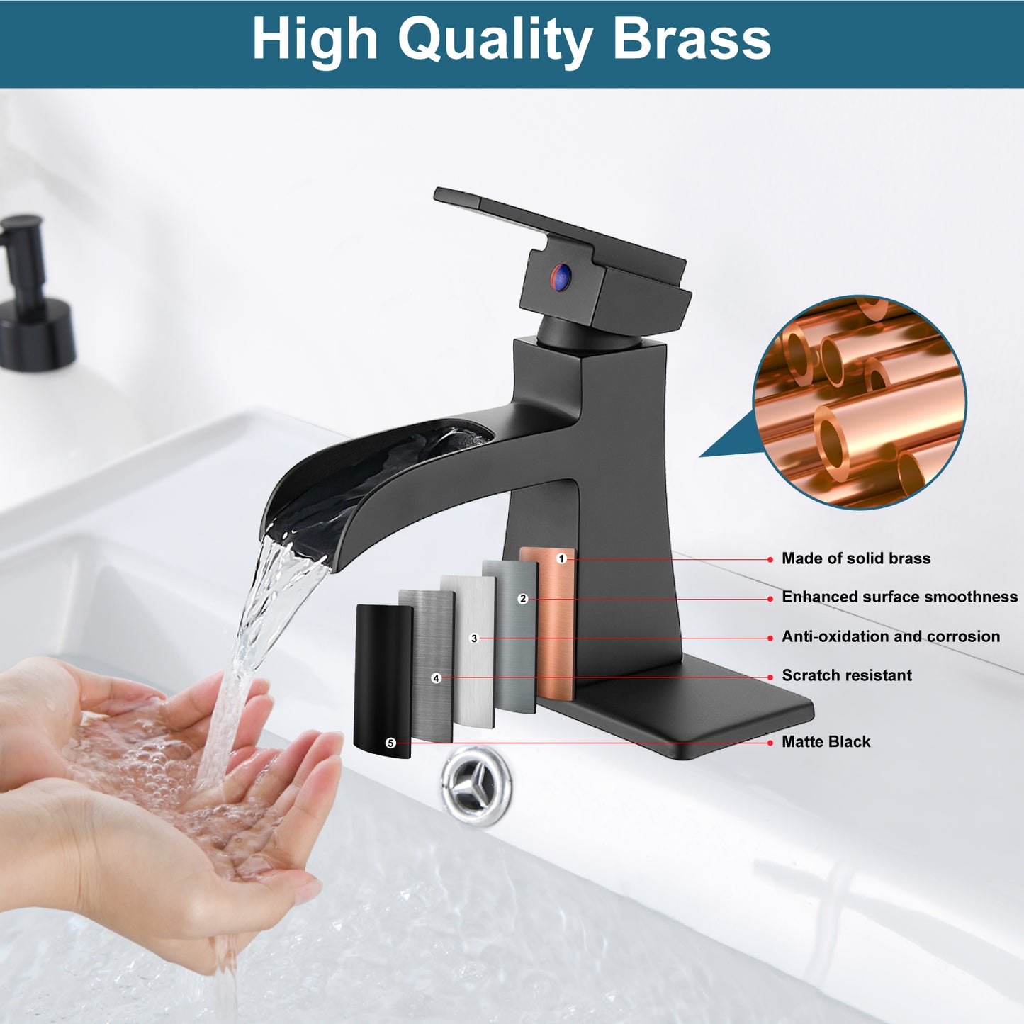 
                  
                    Midanya Single Handle Bathroom Sink Faucet, Waterfall Bathroom Faucet for 1 Hole or 3 Holes, Lavatory RV Vanity Faucet with Deck Mount Pop-Up Drain and Water Supply Lines
                  
                