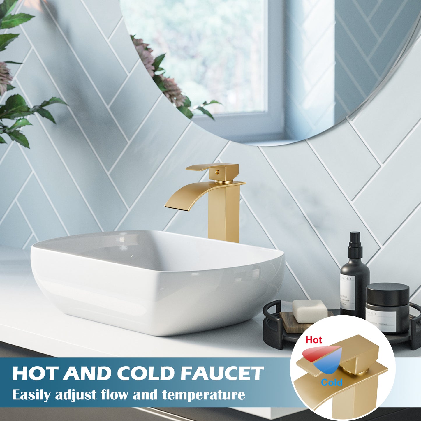 
                  
                    Midanya Waterfall Bathroom Bowl Vessel Sink Faucet Tall Single Handle Single Hole Deck Mount Mixer Tap with Large Rectangular Spout Sink Faucet Lavatory Vanity
                  
                