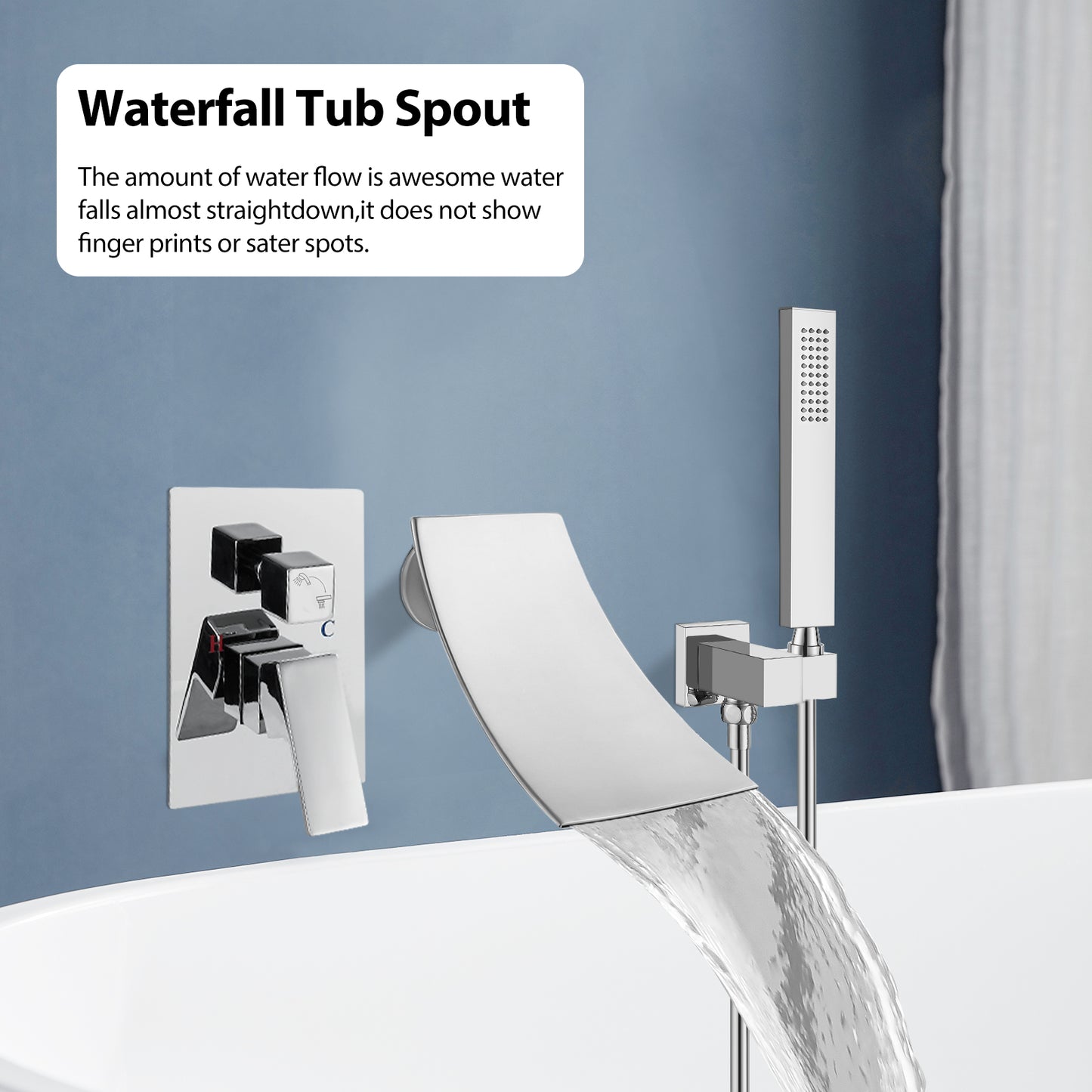 
                  
                    Midanya Wall Mount Bathtub Faucet with Handheld Spray Waterfall Tub Filler High Flow Rate Single Handle Bathroom Tub Mixer Tap Hand-Shower System with Curved Spout Commercial
                  
                