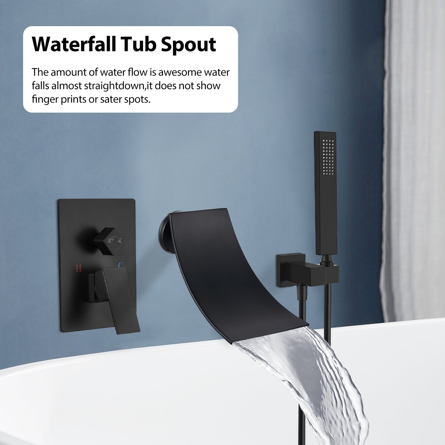 
                  
                    Midanya Wall Mount Bathtub Faucet with Handheld Spray Waterfall Tub Filler High Flow Rate Single Handle Bathroom Tub Mixer Tap Hand-Shower System with Curved Spout Commercial
                  
                