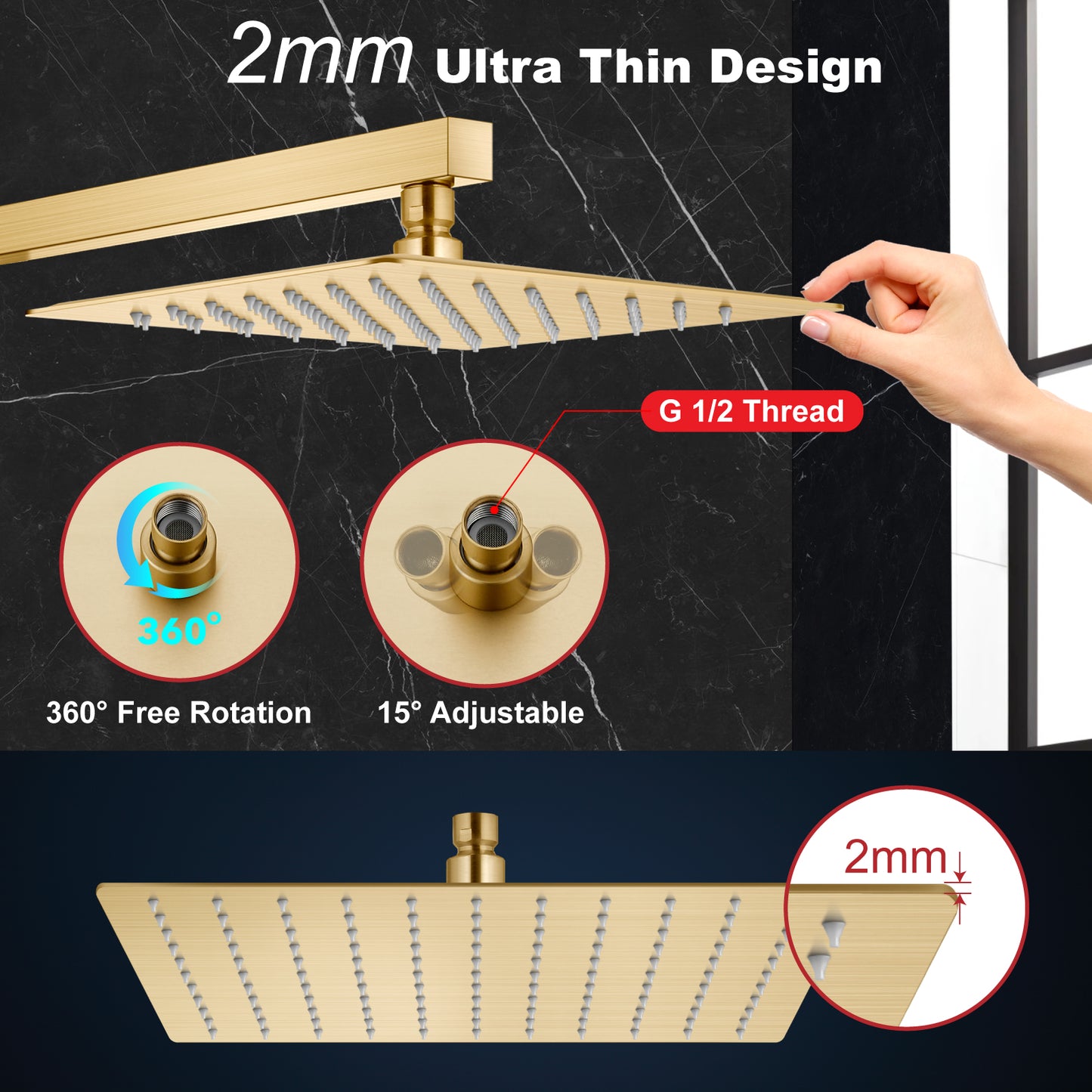 
                  
                    Midanya 12 inch  Rainfall Shower Head Square Stainless Steel Rain Showerhead High Pressure Waterfall Crackproof Coverage with Silicone Nozzle 1/16" Ultra Thin Design Swivel Connector
                  
                