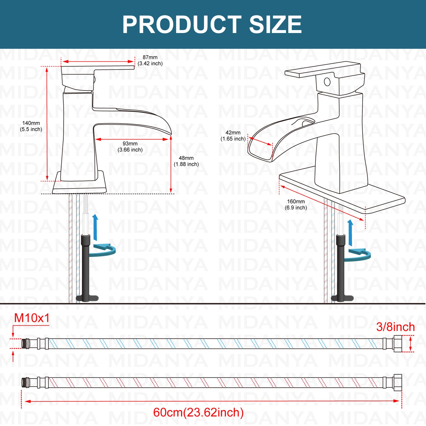 
                  
                    Midanya Single Handle Bathroom Sink Faucet, Waterfall Bathroom Faucet for 1 Hole or 3 Holes, Lavatory RV Vanity Faucet with Deck Mount Pop-Up Drain and Water Supply Lines
                  
                