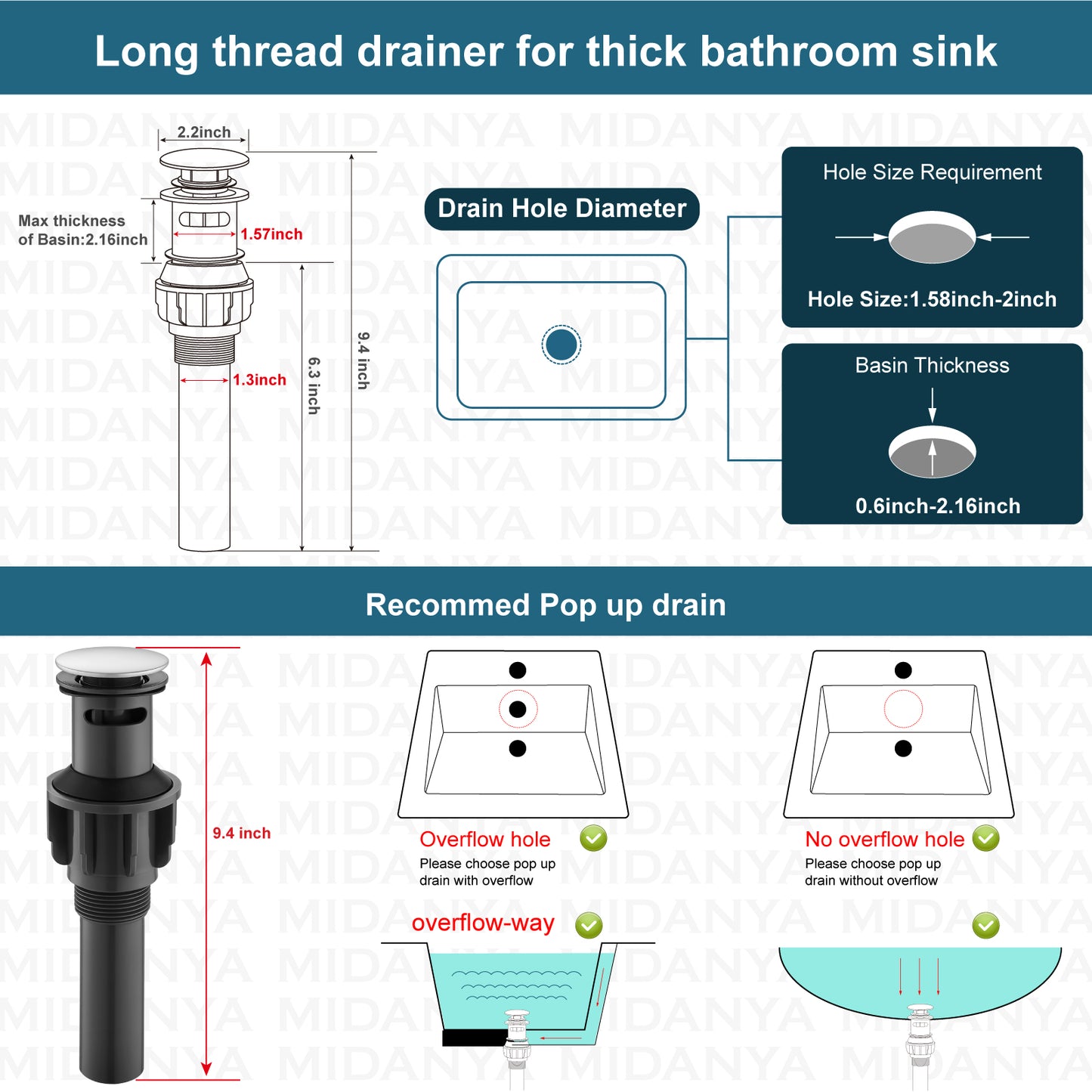 
                  
                    Midanya Pop Up Drain, ABS Bathroom Pop-up Sink Drain, Lavatory Kitchen RV Drain Strainer, Vanity Vessl Sink Drain Stopper Assembly, Universal Sink Drain Assembly
                  
                