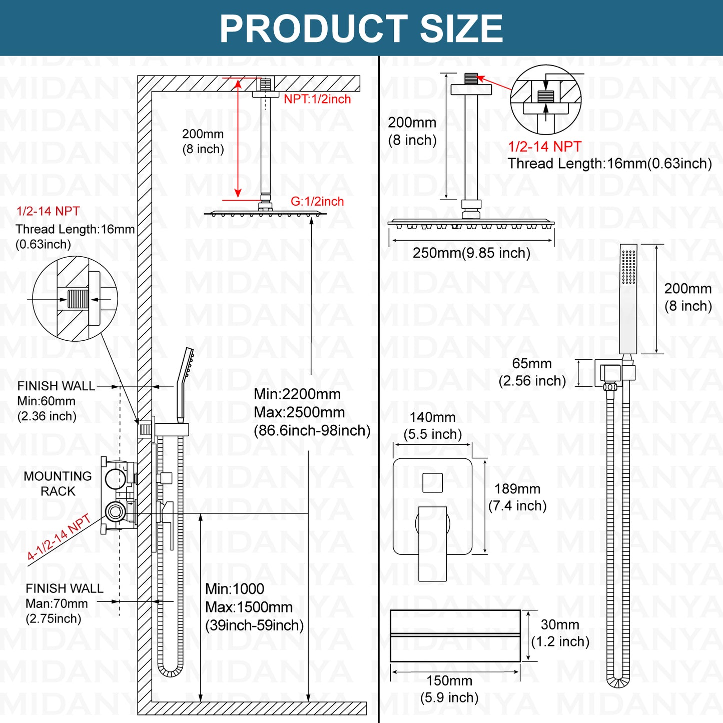 
                  
                    Midanya Oil-Rubbed Bronze Shower Faucet Set Shower System 10 inch Square Rainfall Shower Head Ceiling Mounted with Handheld Spray and Waterfall Tub Spout Included Rough-in Valve Mixer Combo and Trim
                  
                