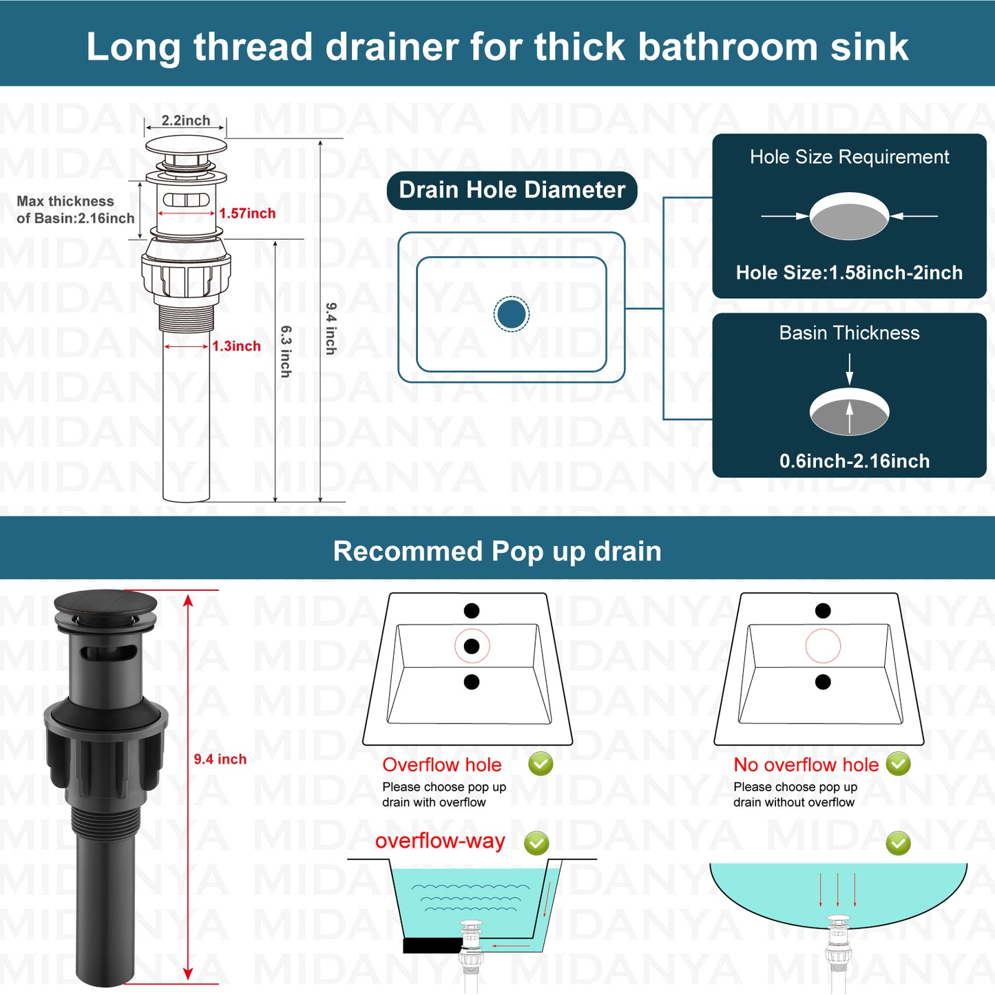 
                  
                    Midanya Pop Up Drain, ABS Bathroom Pop-up Sink Drain, Lavatory Kitchen RV Drain Strainer, Vanity Vessl Sink Drain Stopper Assembly, Universal Sink Drain Assembly
                  
                
