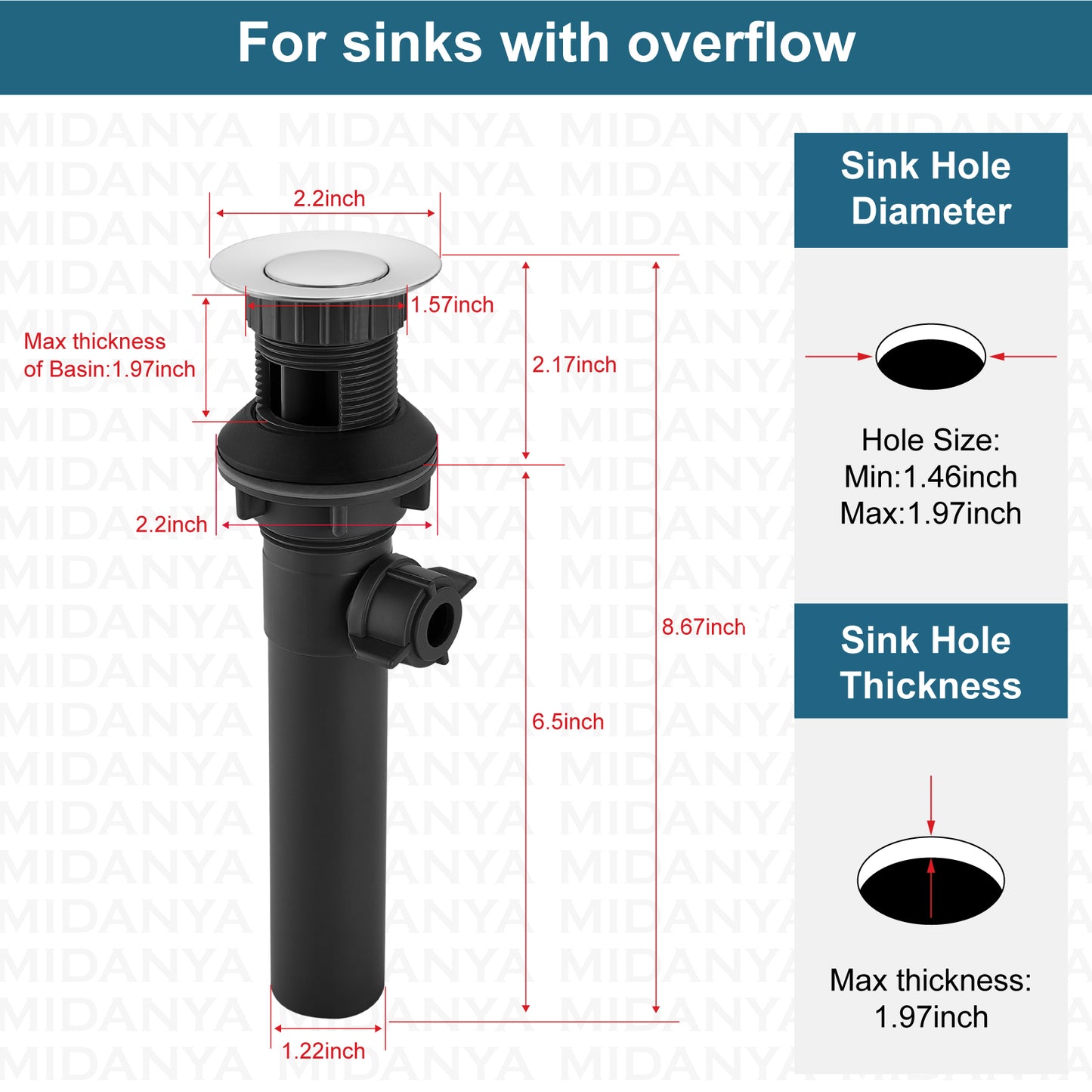 
                  
                    Midanya Sink Drain with Lift Rod, Bathroom Lavatory Kitchen RV Drain Stopper, Drain Stopper Assembly for Bathroom Faucet,Vessel Sink Vanity Drain Assembly with Overflow
                  
                