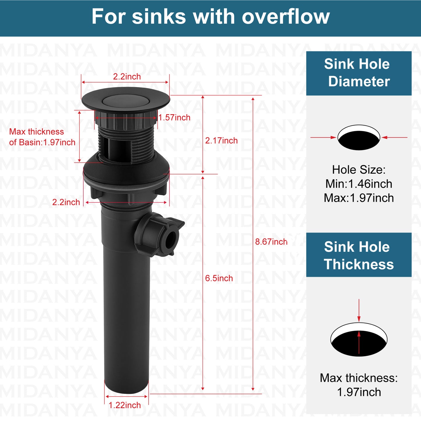 
                  
                    Midanya Sink Drain with Lift Rod, Bathroom Lavatory Kitchen RV Drain Stopper, Drain Stopper Assembly for Bathroom Faucet,Vessel Sink Vanity Drain Assembly with Overflow
                  
                
