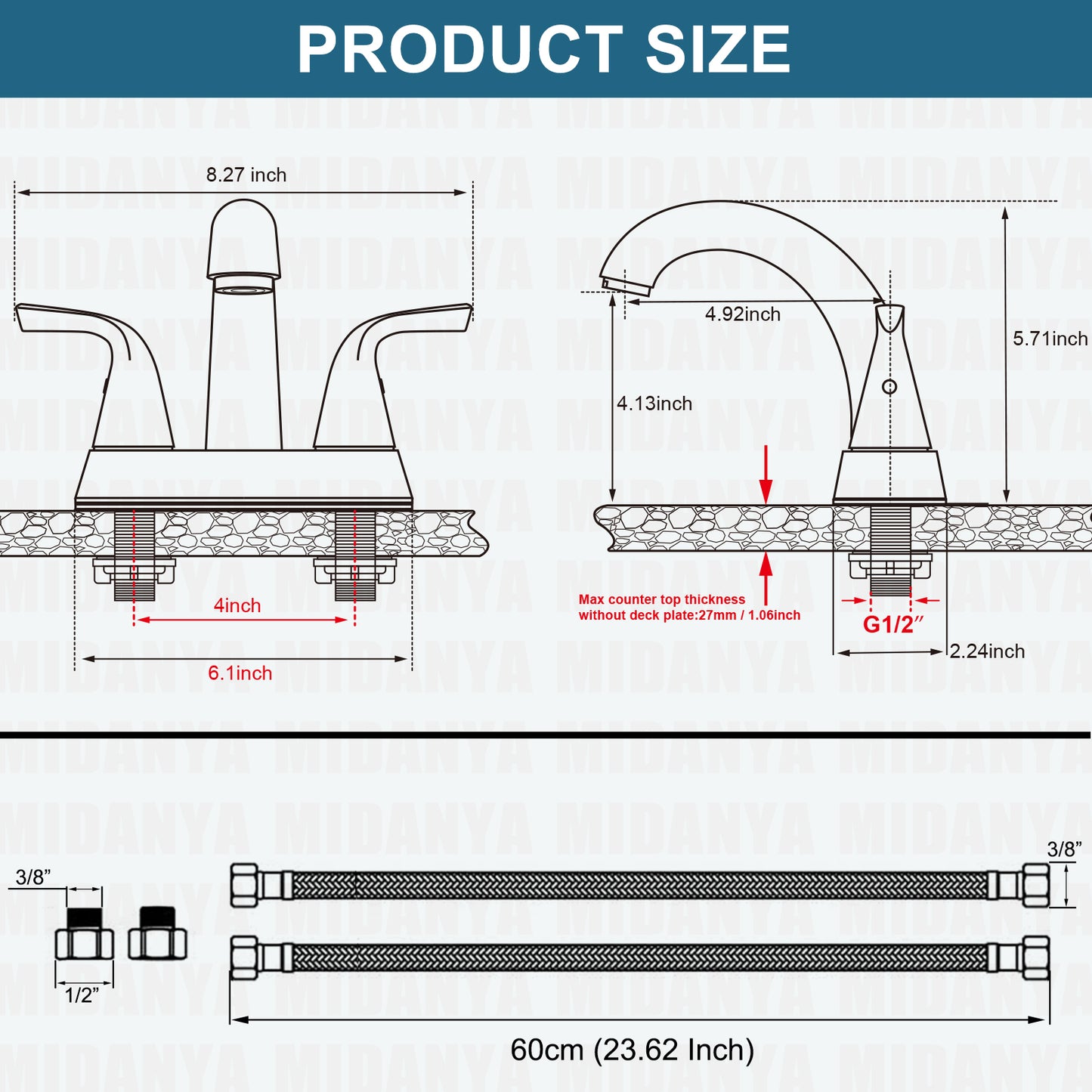 
                  
                    Midanya 2 Handle Bathroom Sink Faucet Deck Mount Centerset Bathroom Faucet 3 Hole, with Pop-up Drain Stopper Assembly and Water Supply Lines Lavatory Faucet Mixer Double Handle Tap
                  
                