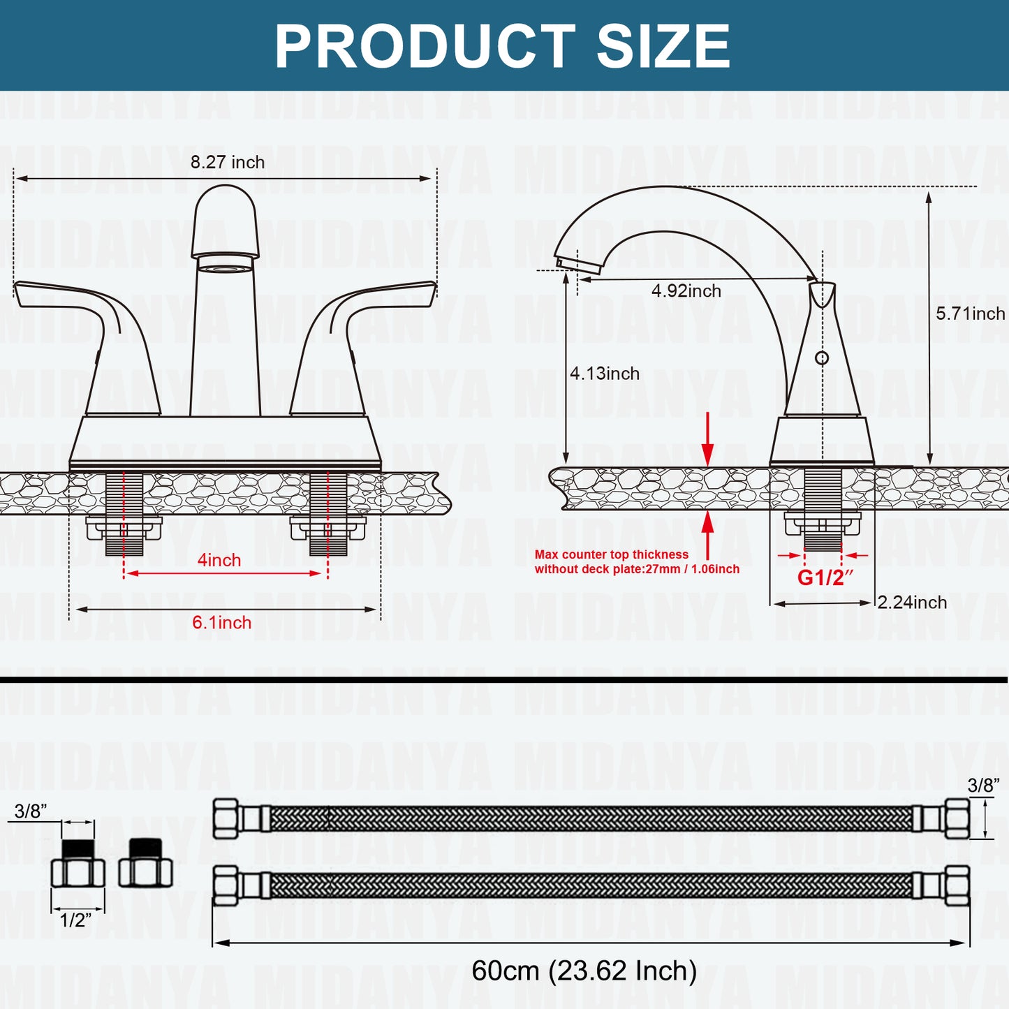 
                  
                    Midanya 2 Handle Bathroom Sink Faucet Deck Mount Centerset Bathroom Faucet 3 Hole, with Pop-up Drain Stopper Assembly and Water Supply Lines Lavatory Faucet Mixer Double Handle Tap
                  
                