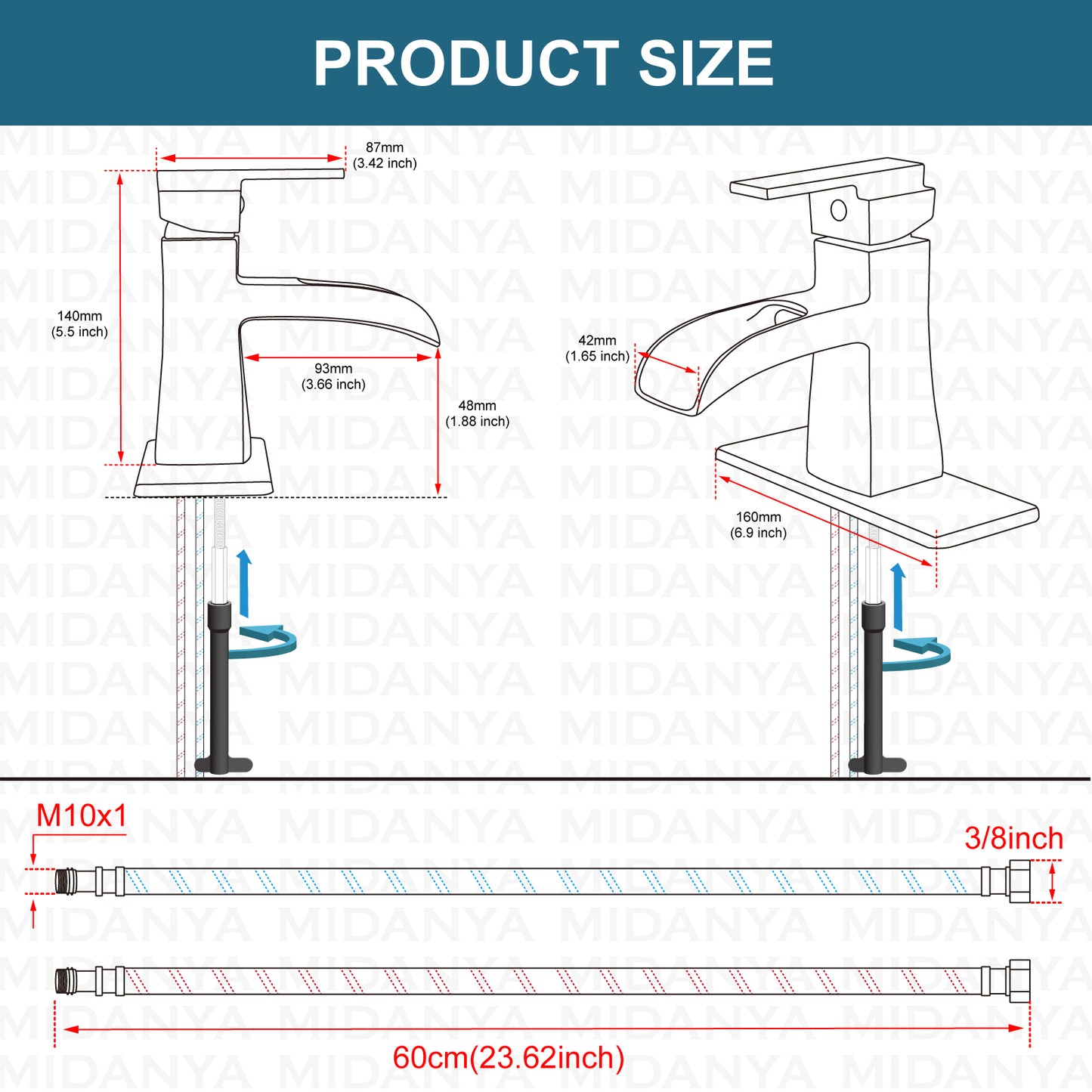 
                  
                    Midanya Single Handle Bathroom Sink Faucet, Waterfall Bathroom Faucet for 1 Hole or 3 Holes, Lavatory RV Vanity Faucet with Deck Mount Pop-Up Drain and Water Supply Lines
                  
                