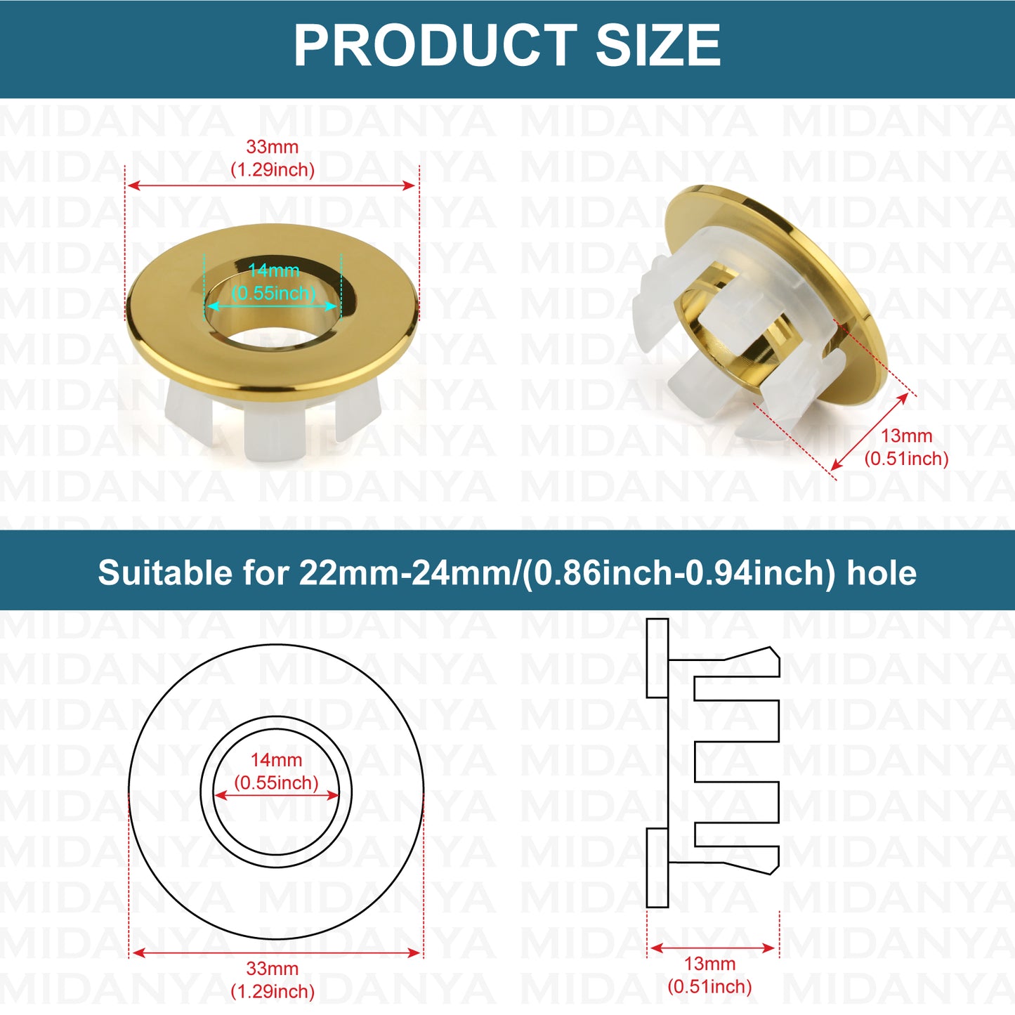 
                  
                    Midanya Brass Insert in Hole Round Caps, 2 Pcs Sink Basin Trim Overflow Cover, Bathroom Kitchen Vanity Vessel Sink Overflow Ring
                  
                