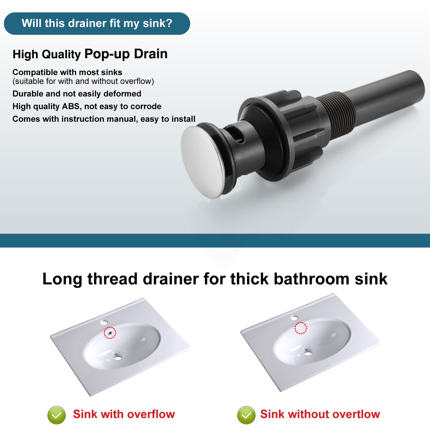 
                  
                    Midanya Pop Up Drain, ABS Bathroom Pop-up Sink Drain, Lavatory Kitchen RV Drain Strainer, Vanity Vessl Sink Drain Stopper Assembly, Universal Sink Drain Assembly
                  
                